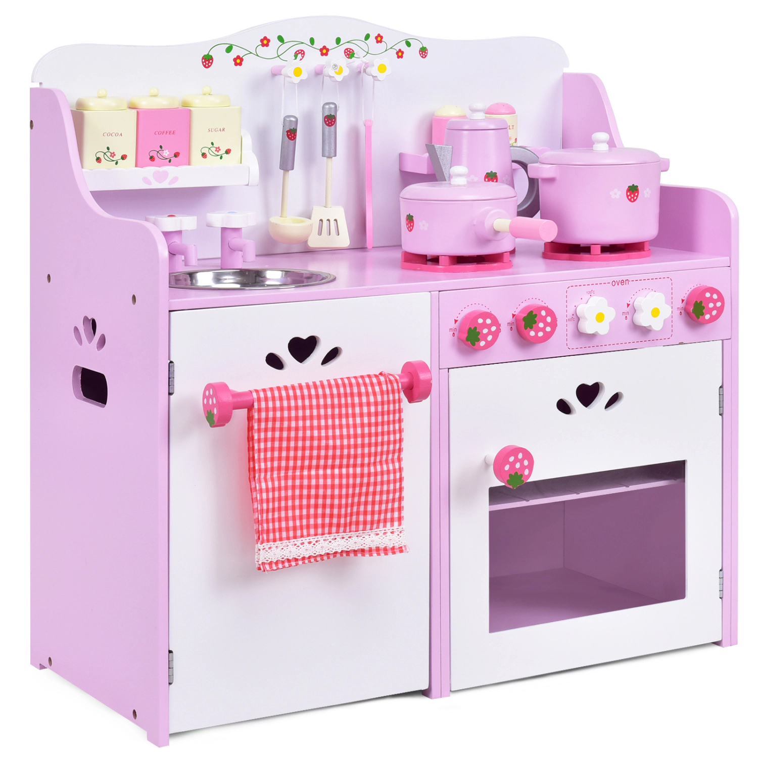 Hivvago Kids Wooden Kitchen Toy Strawberry Pretend Cooking Playset