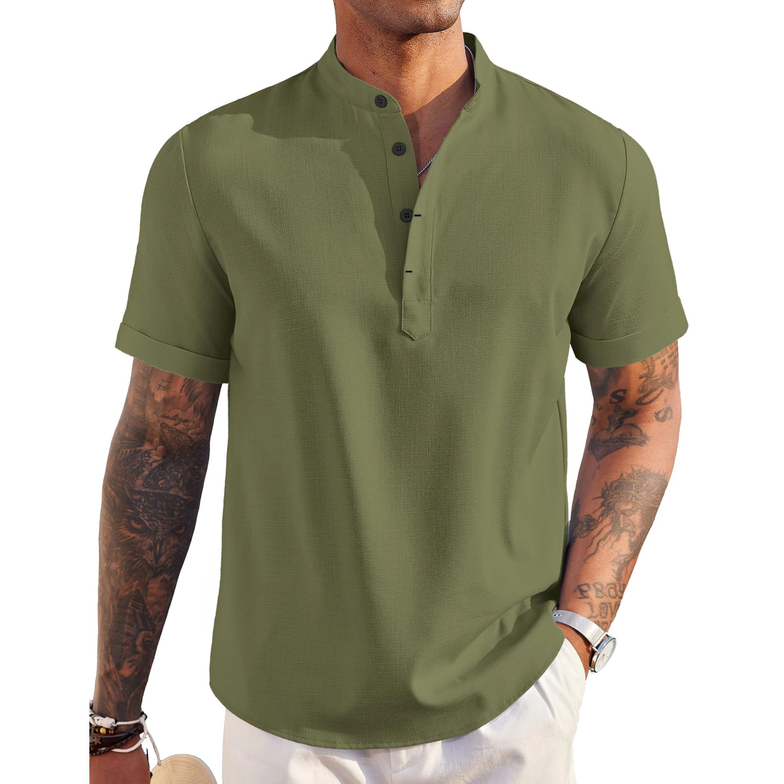 COOFANDY Mens  Short Sleeve Henley Shirts V Neck Button Striped Casual Tops