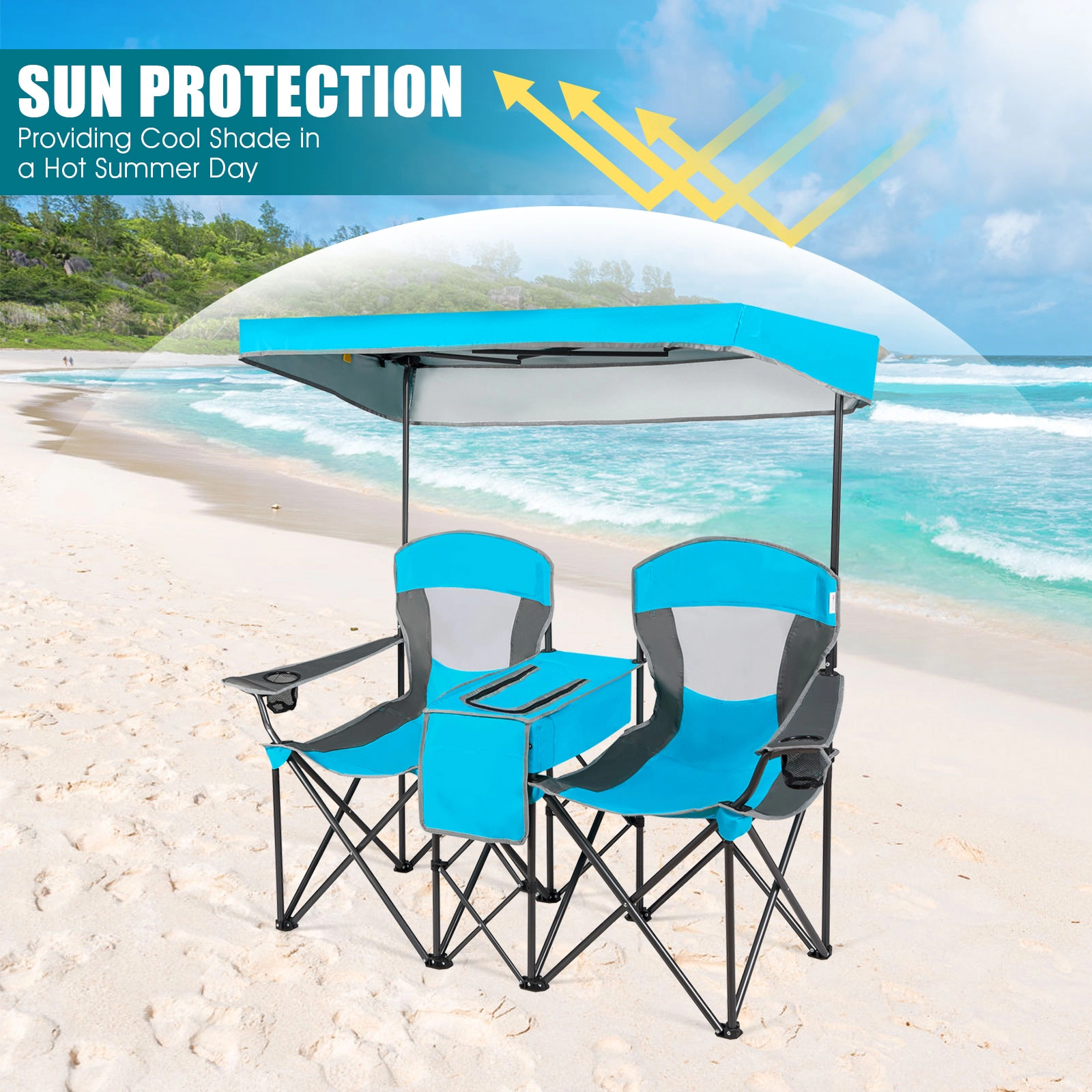 SUGIFT Blue Double Folding Camping Chair with Adjustable Canopy and Cooler Bag 55.5-in W 28.5-in D 265-lb Per Seat