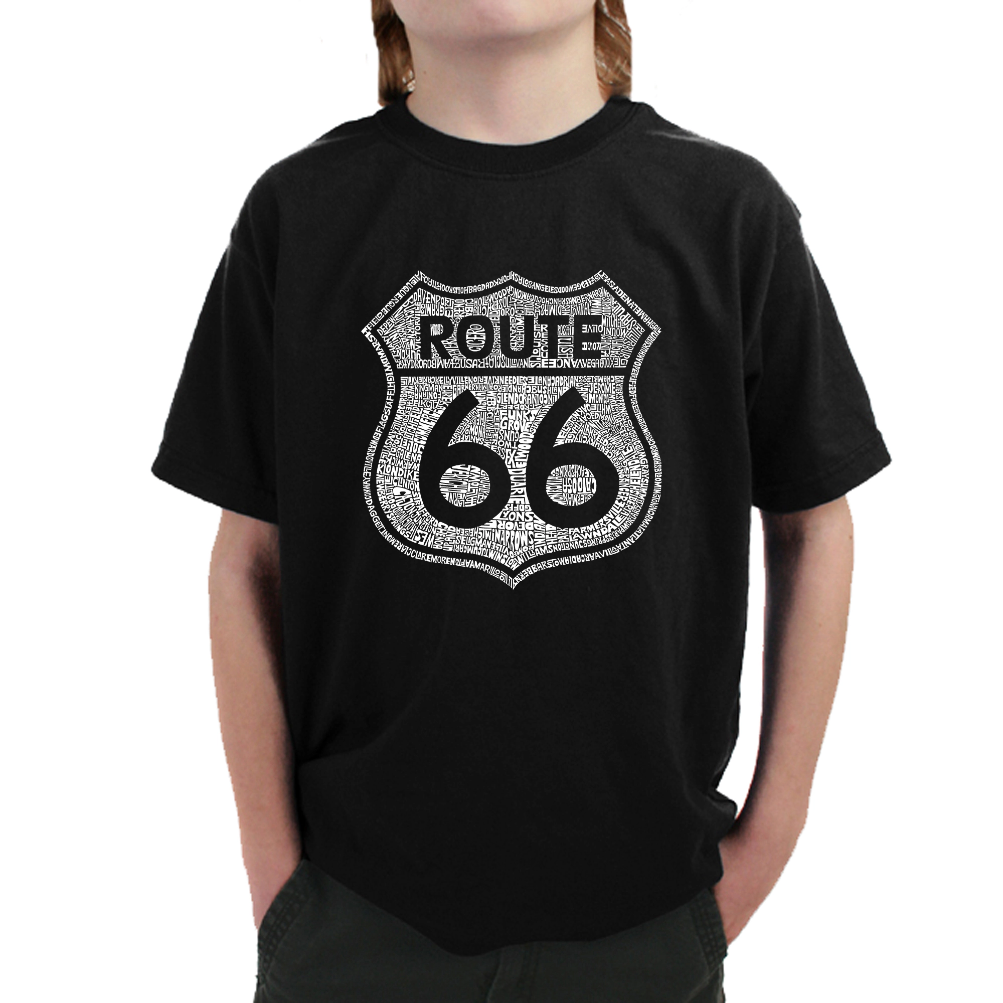 LA Pop Art Boy's Word T-Shirt - CITIES ALONG THE LEGENDARY ROUTE 66
