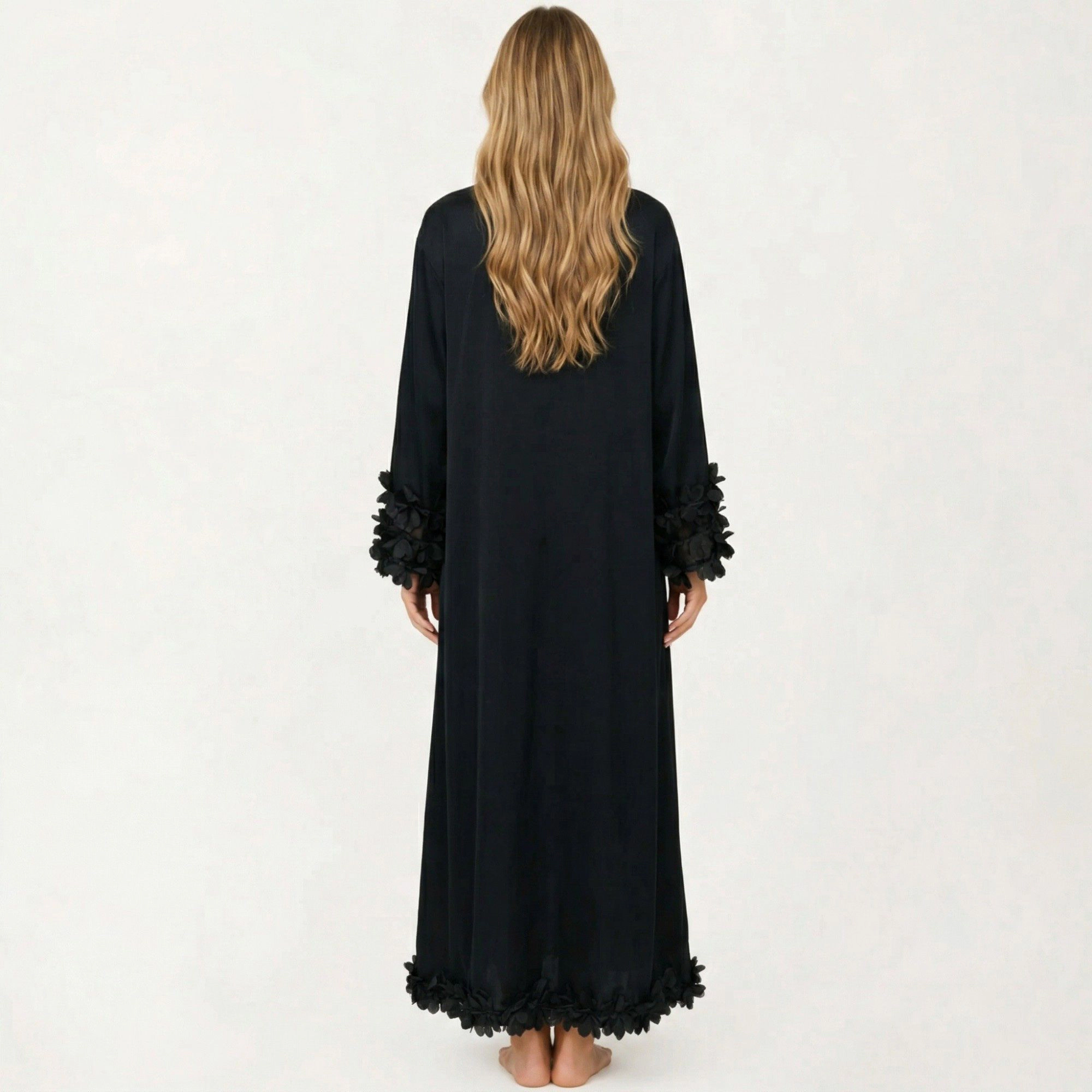 Anna-Kaci Women's 2-Piece Smooth Sleepwear Slip Dress with Long Sleeve Open Front Robe Floral Trim Nightgown Set