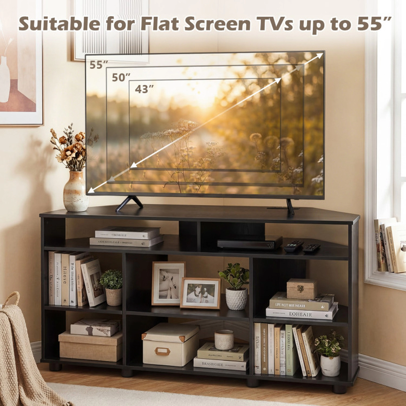 SUGIFT Corner Entertainment Center TV Stand with Charging Station 90-lb Tabletop Capacity for TVs up to 55 Inch Black