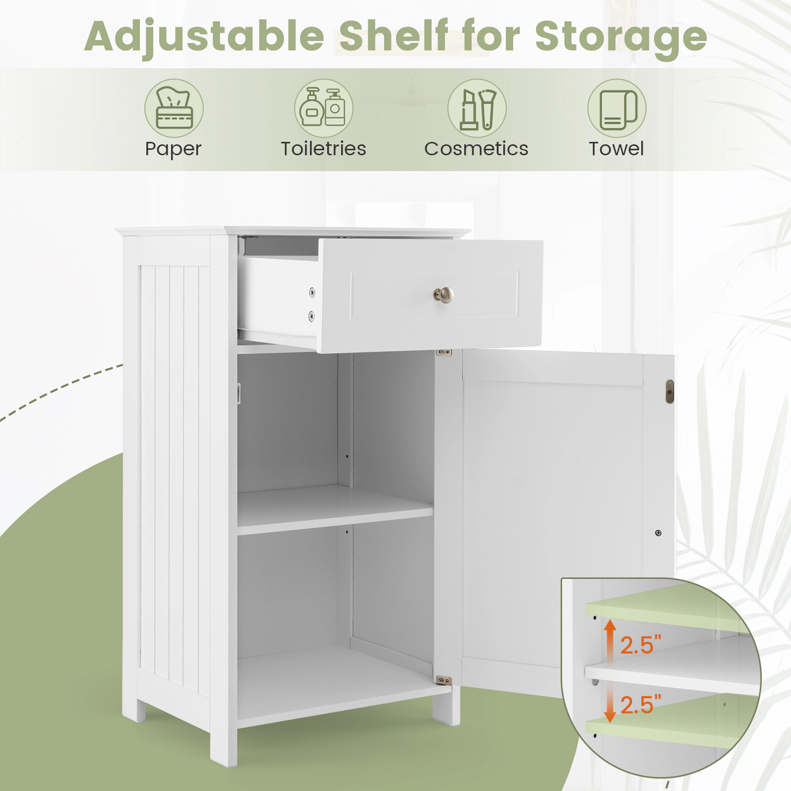Glintex Freestanding Bathroom Cabinet with Single Door Adjustable Shelf and Drawer, White