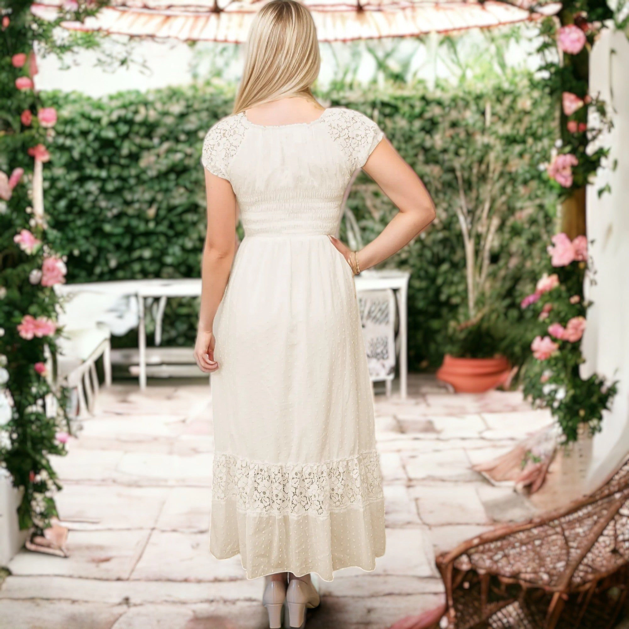 Plus White Off-the-Shoulder Smocked Waist Long Sun Dress