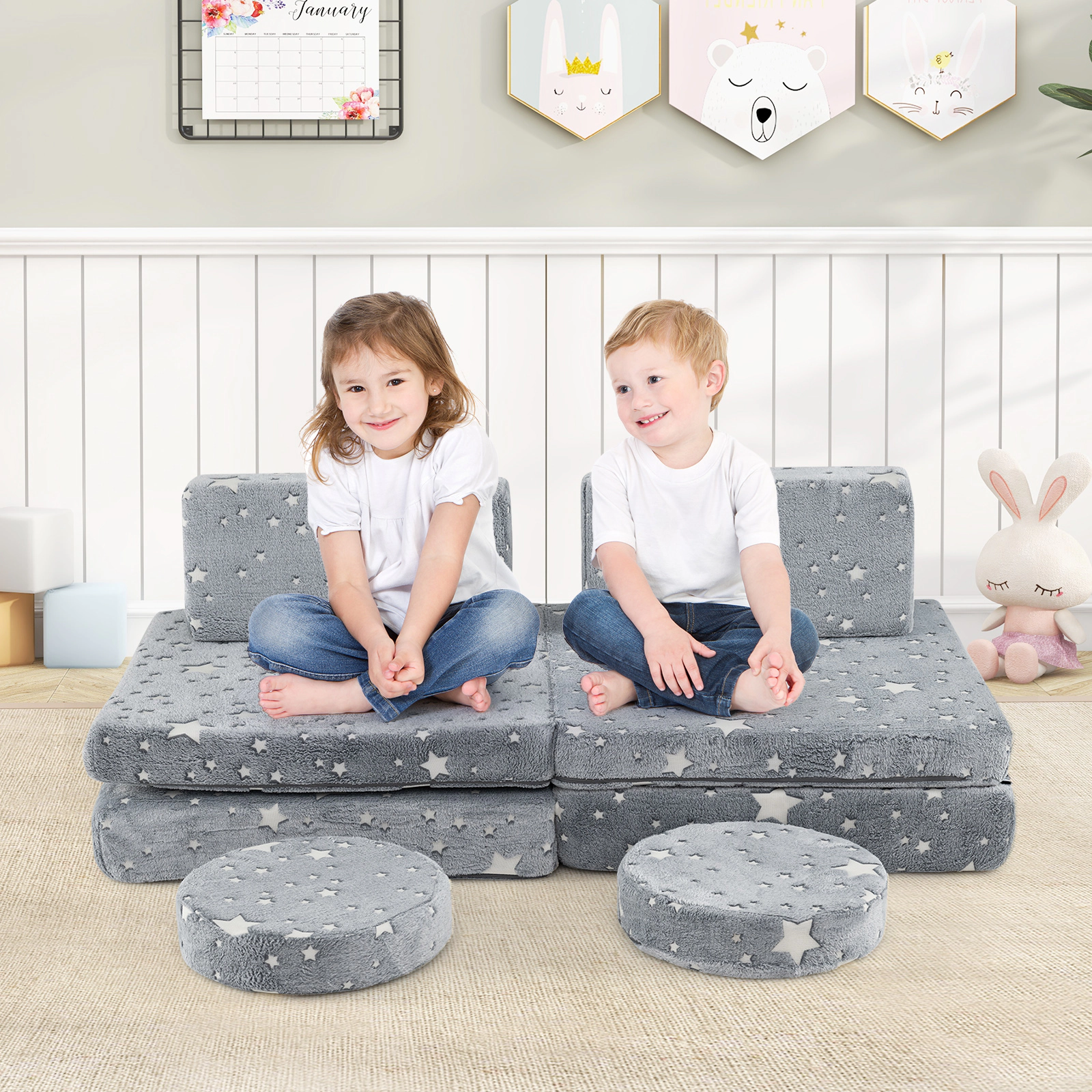 SUGIFT Glow in the Dark Modular Kids Play Couch Set Convertible Lounger Chairs and Beds 3+ Years Gray