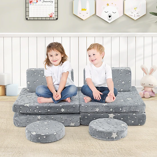 SUGIFT Glow in the Dark Modular Kids Play Couch Set Convertible Lounger Chairs and Beds 3+ Years Gray