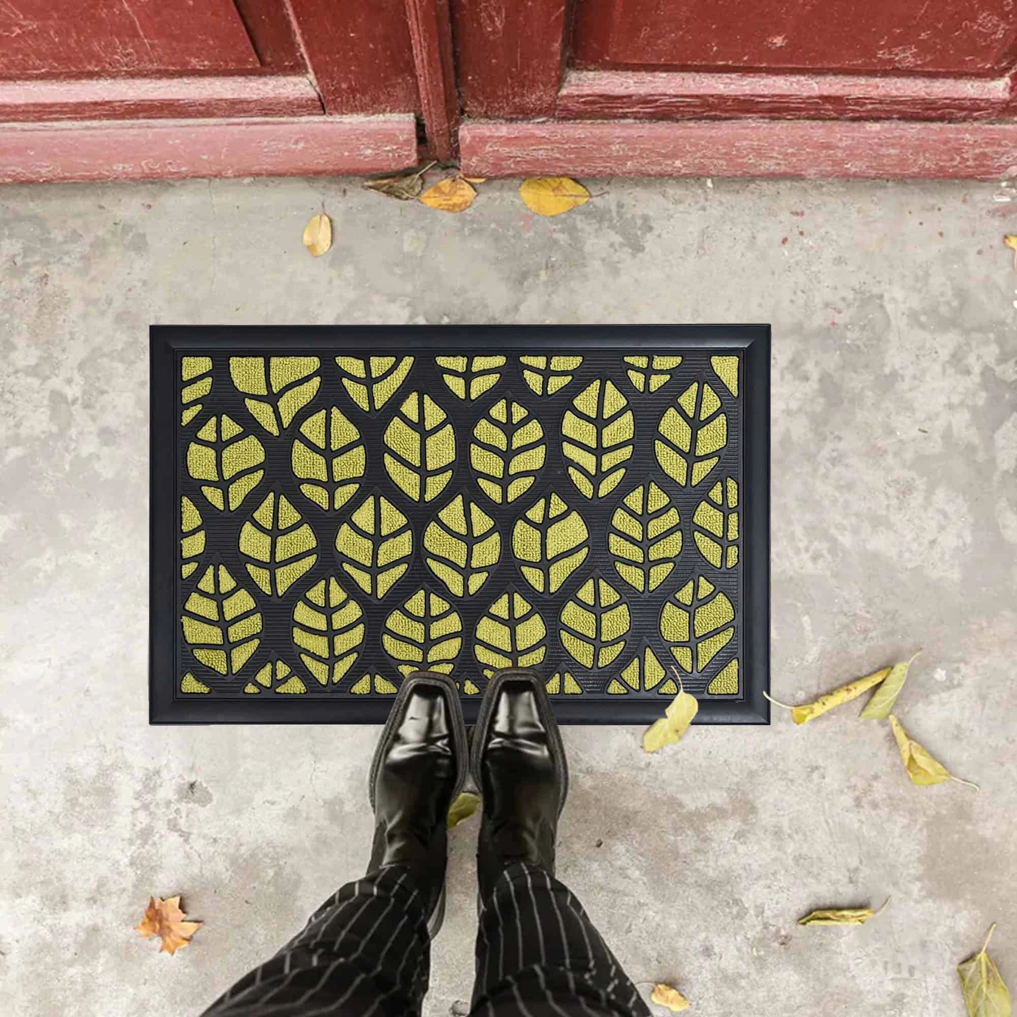 Evideco French Home Goods Green and Black Central Park Leaf Nylon Doormat 24 x 16 Inches