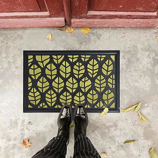 Evideco French Home Goods Green and Black Central Park Leaf Nylon Doormat 24 x 16 Inches