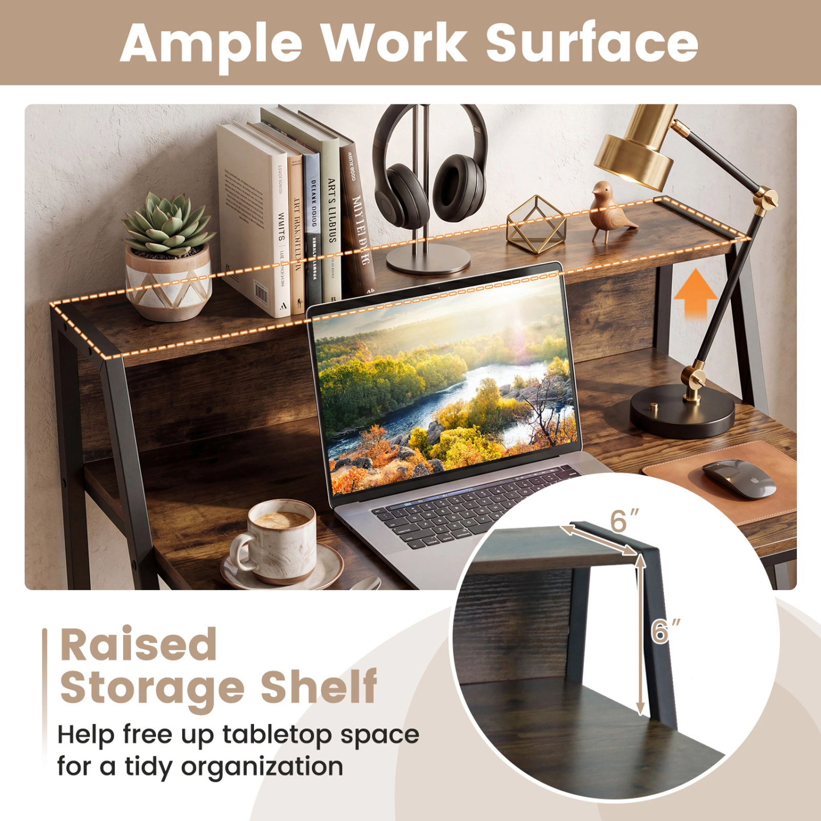 SUGIFT Rustic Brown Raised Storage Shelf and Metal Frame 31.5 Inch Industrial Writing Desk