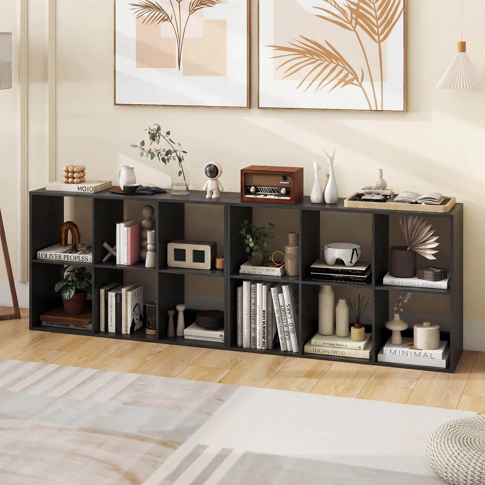 Costway 6-Cube Bookshelf, Modern Cubby Bookcase with Back Guardrail & Anti-tipping Kits Natural