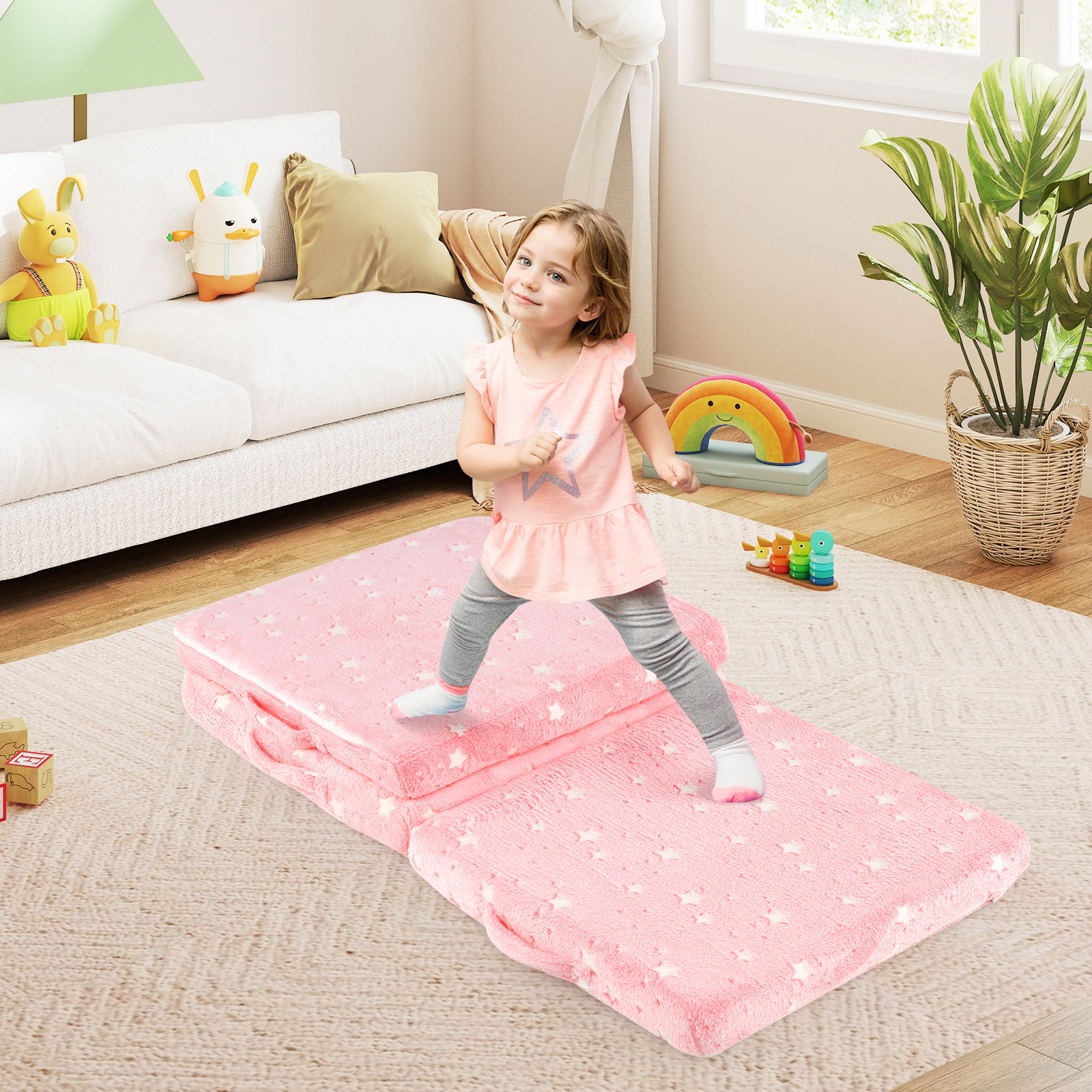 SUGIFT Tri-Folding Kids Floor Seat Cushion Mattress with Washable Flannel Cover 60.5-in Long Pink Glow-in-the-Dark