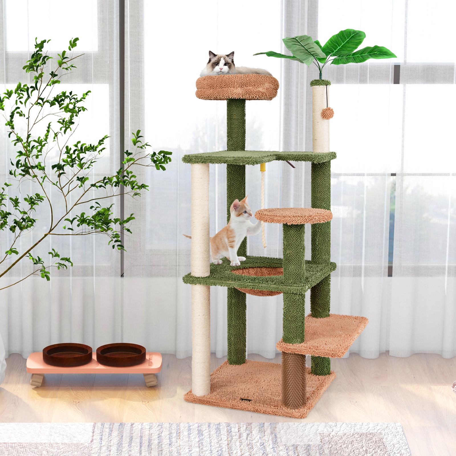 LJG Multilevel Cat Tree with Scratching Posts and Rope Plush Perch Toy Bed