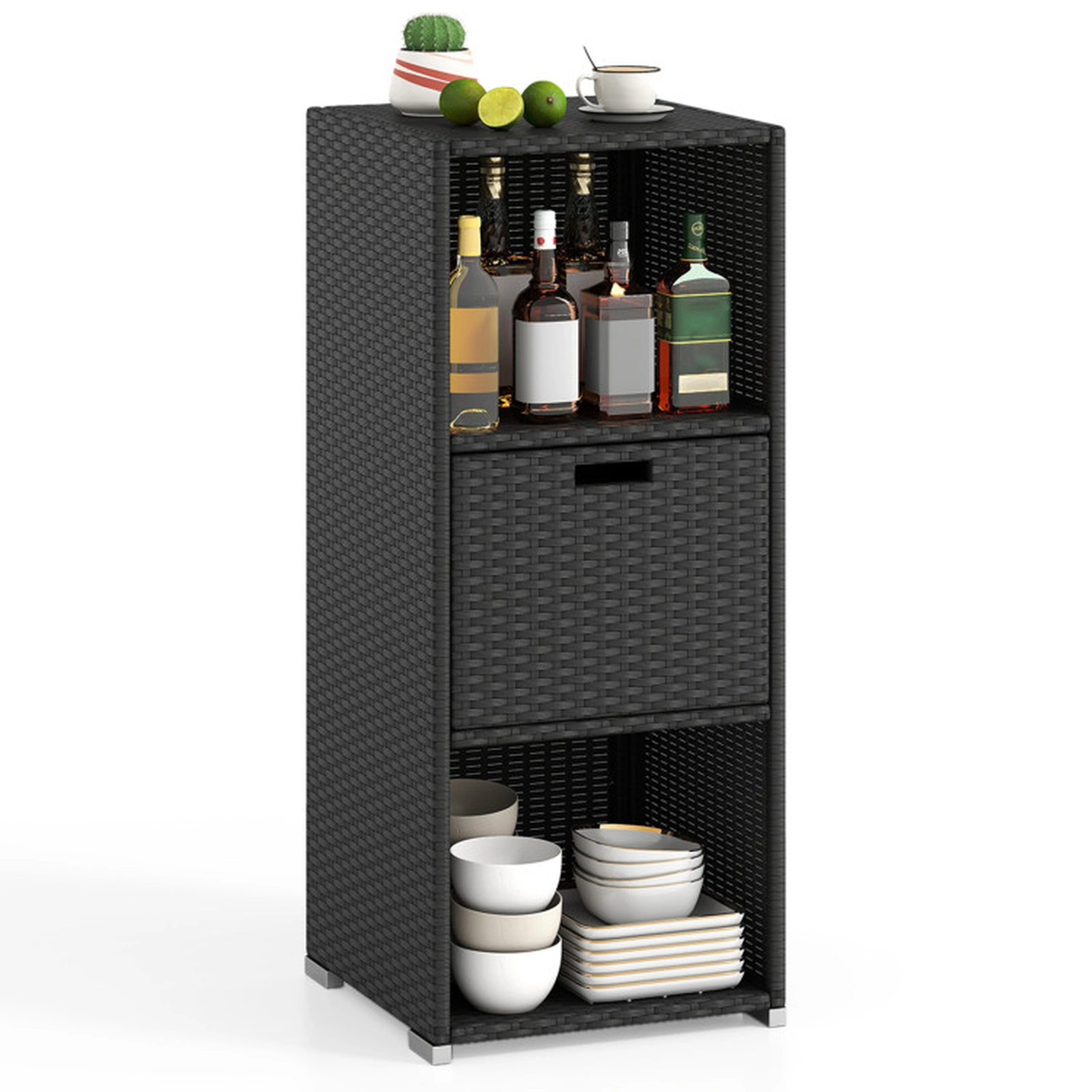 SUGIFT Hand-Woven PE Rattan Outdoor Storage Cabinet with 3 Shelves Countertop and Removable Drawer