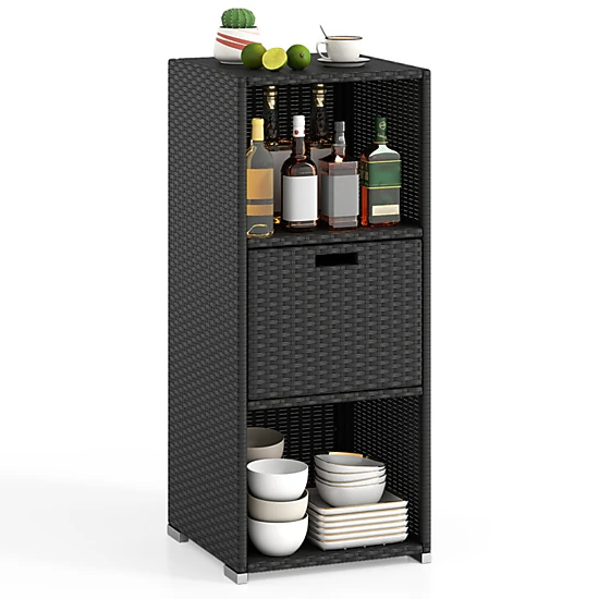 SUGIFT Hand-Woven PE Rattan Outdoor Storage Cabinet with 3 Shelves Countertop and Removable Drawer