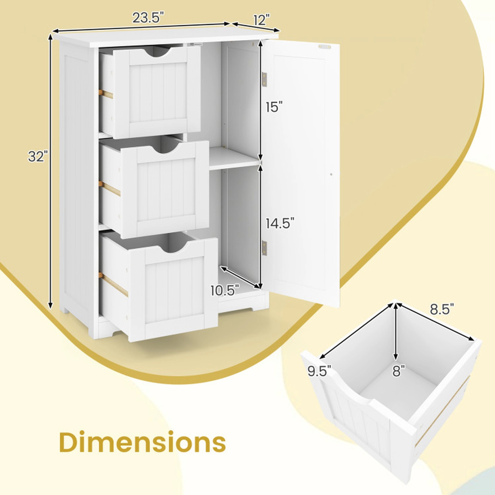 SUGIFT White 70-lb Top Capacity 3-Drawer Bathroom Floor Storage Cabinet with Cupboard and Adjustable Shelf