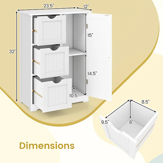 SUGIFT White 70-lb Top Capacity 3-Drawer Bathroom Floor Storage Cabinet with Cupboard and Adjustable Shelf