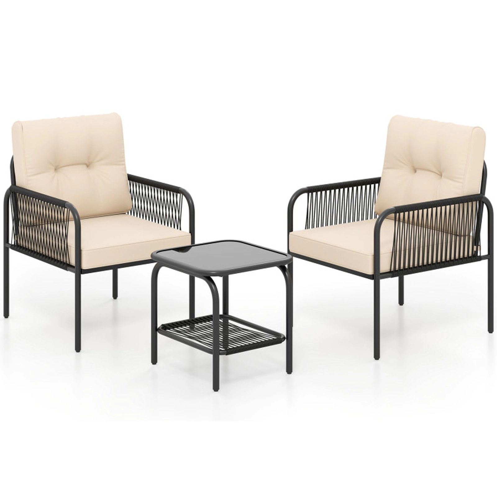 SUGIFT 3-Piece Black PE Rattan Patio Bistro Set with Beige Cushions and 2-Tier Glass Table