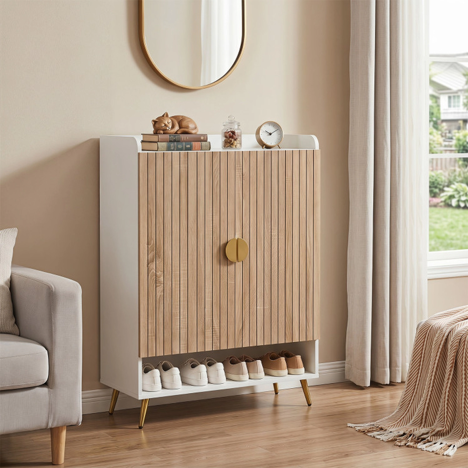 SUGIFT 44-in Tall Shoe Storage Cabinet with 7-Tier Doors and Adjustable Shelves 110-lb Capacity Natural