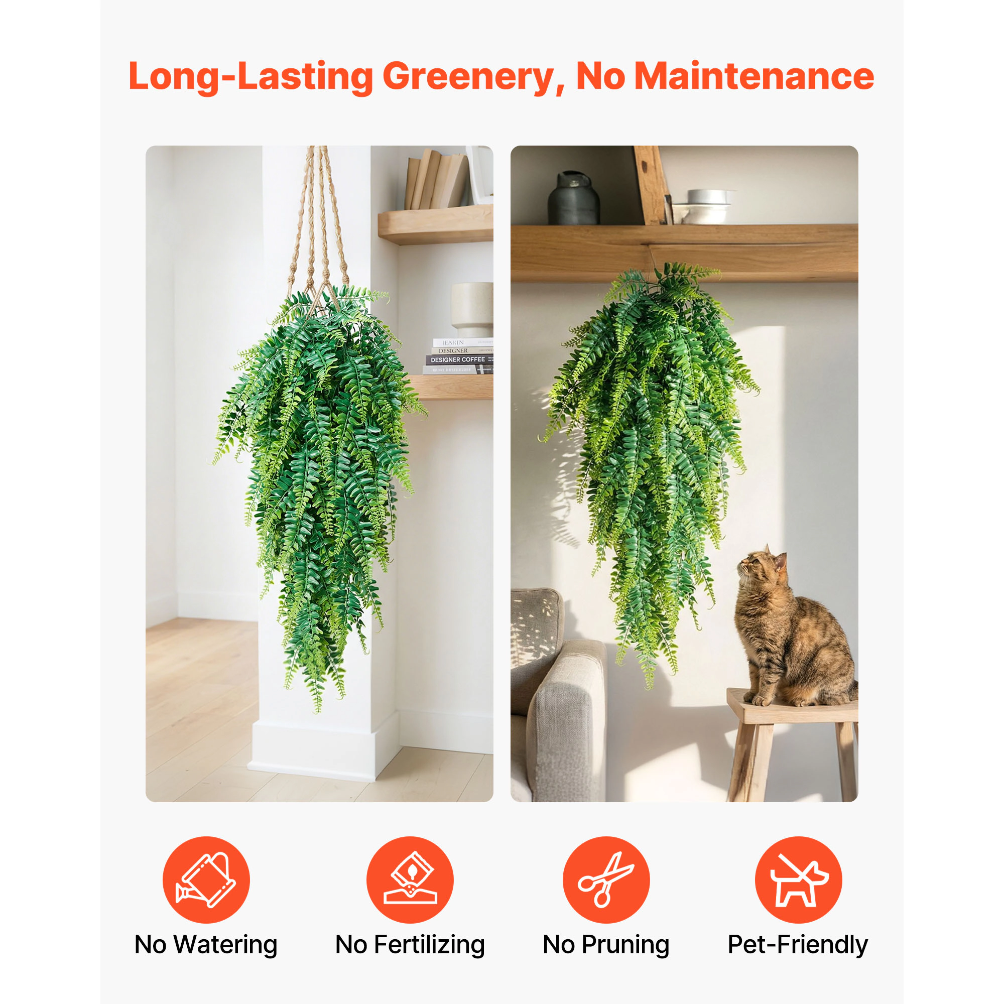 HONGGE Artificial Ferns, Fake Hanging Boston Fern Bush Plant with Hanging Length