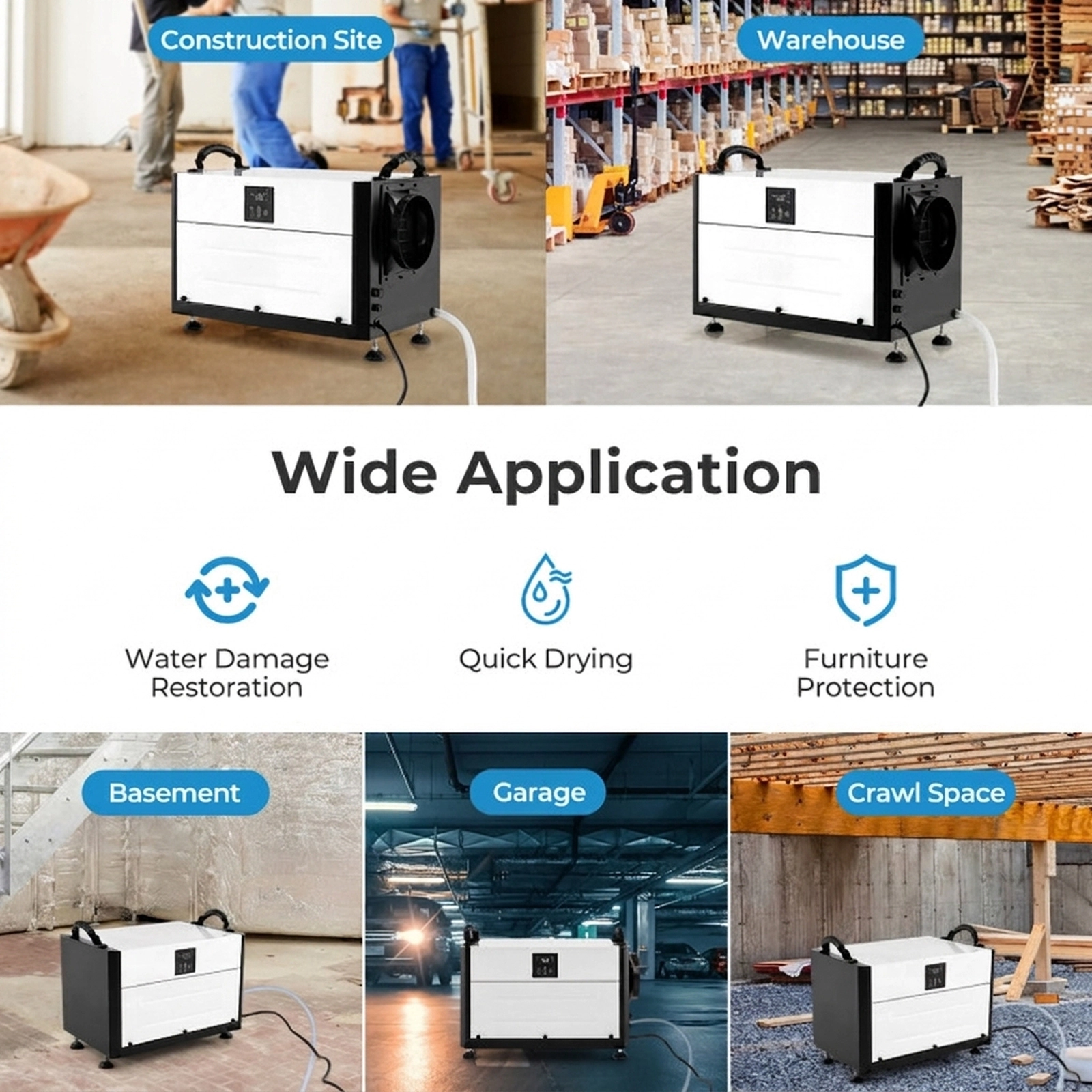 SUGIFT 192-Pint 2600-sq ft Crawl Space Dehumidifier with 237-CFM Airflow and 9.8-ft Gravity Drain Hose