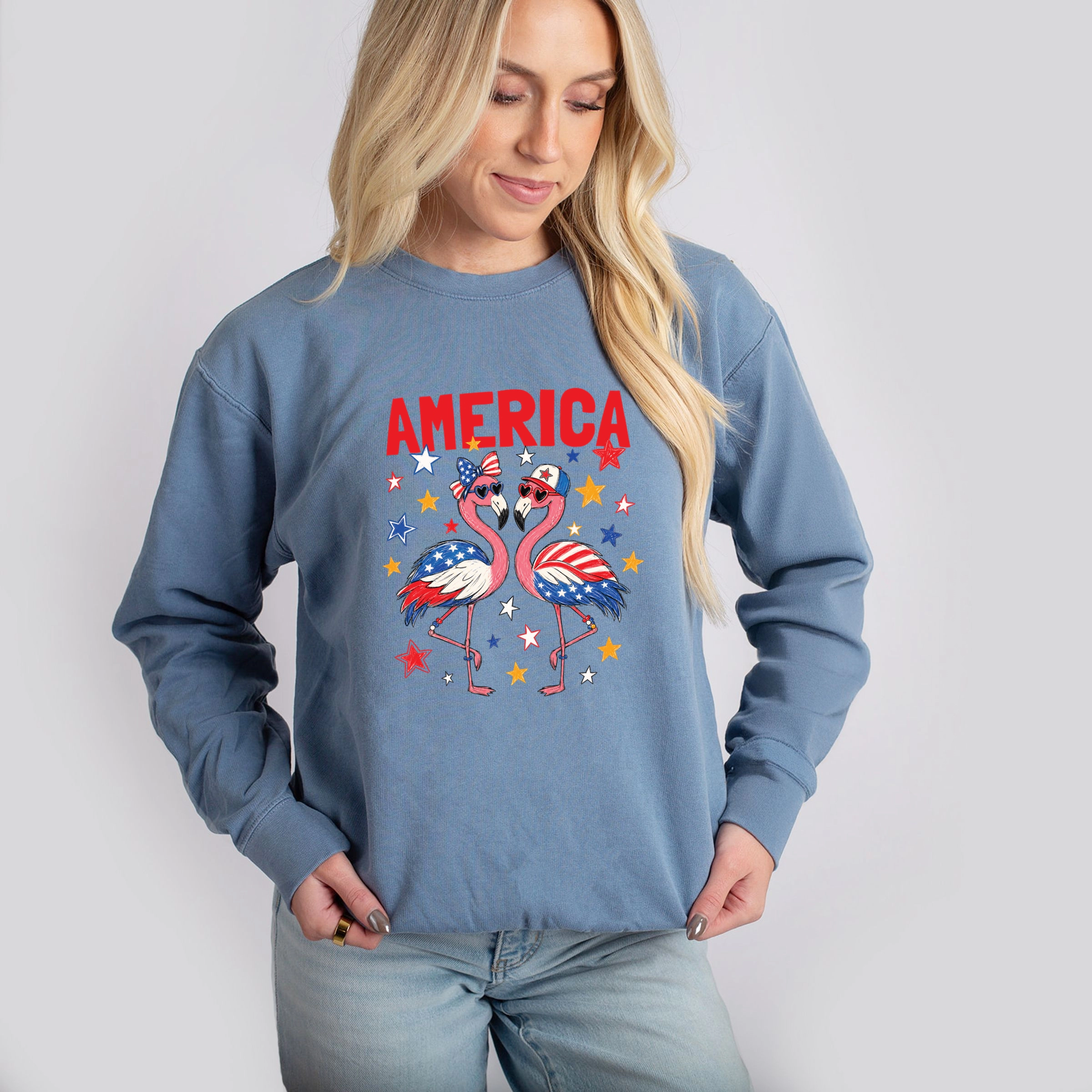 Simply Sage Market - America Flamingos Star Women's Lightweight Garment Dyed Sweatshirt