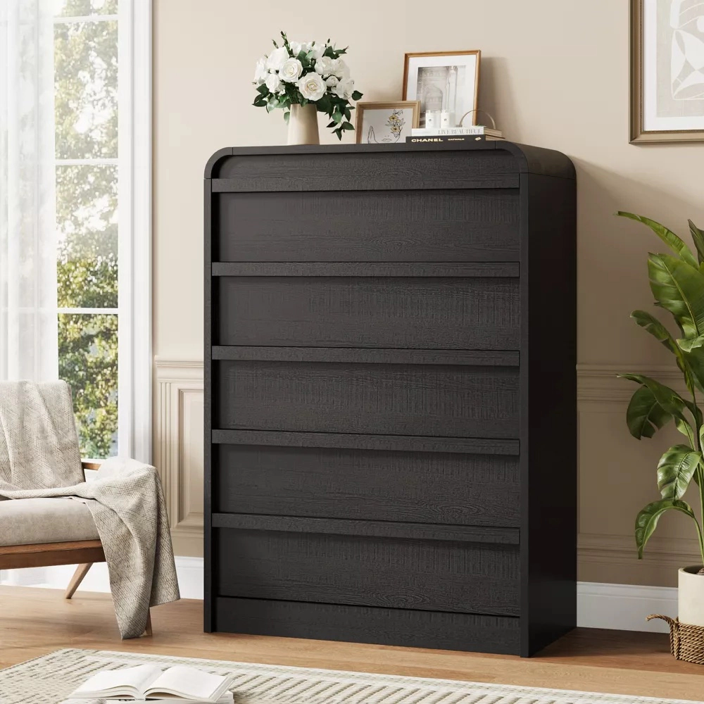 Arched 5 Drawer Wood Dresser with Curved Profile, Modern Storage Chest
