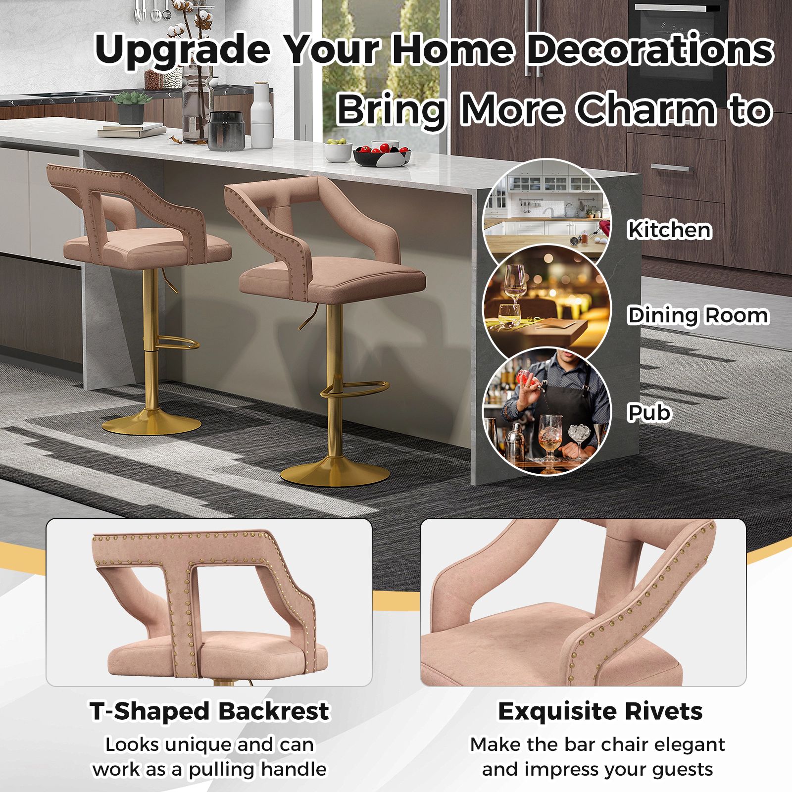 Glintex 2-Piece Adjustable Swivel Bar Stool Set with T-Shaped Velvet Back, Pink & Gold