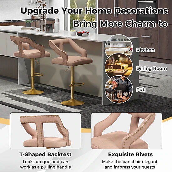 Glintex 2-Piece Adjustable Swivel Bar Stool Set with T-Shaped Velvet Back, Pink & Gold