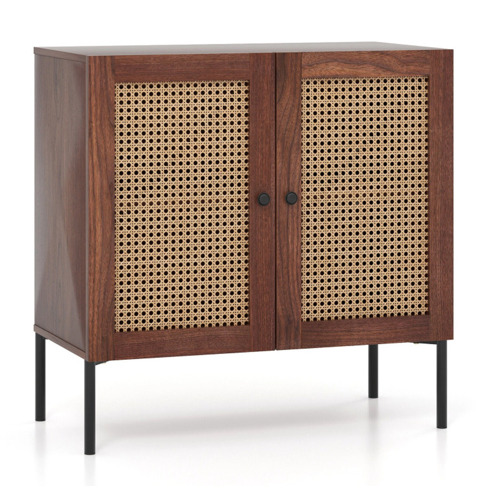 SUGIFT 31.5-in 135-lb Tabletop Walnut Sideboard with 2 Rattan-Decorated Doors Adjustable Shelf and Metal Legs