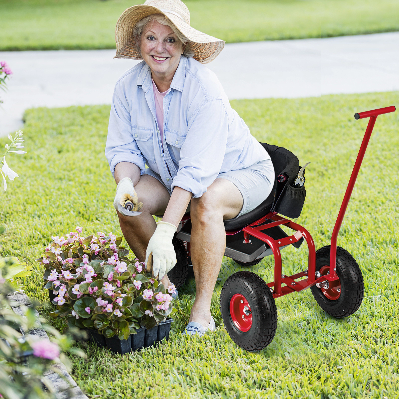 SUGIFT Rolling Garden Cart Red with Height Adjustable Swivel Seat Tool Tray and Basket