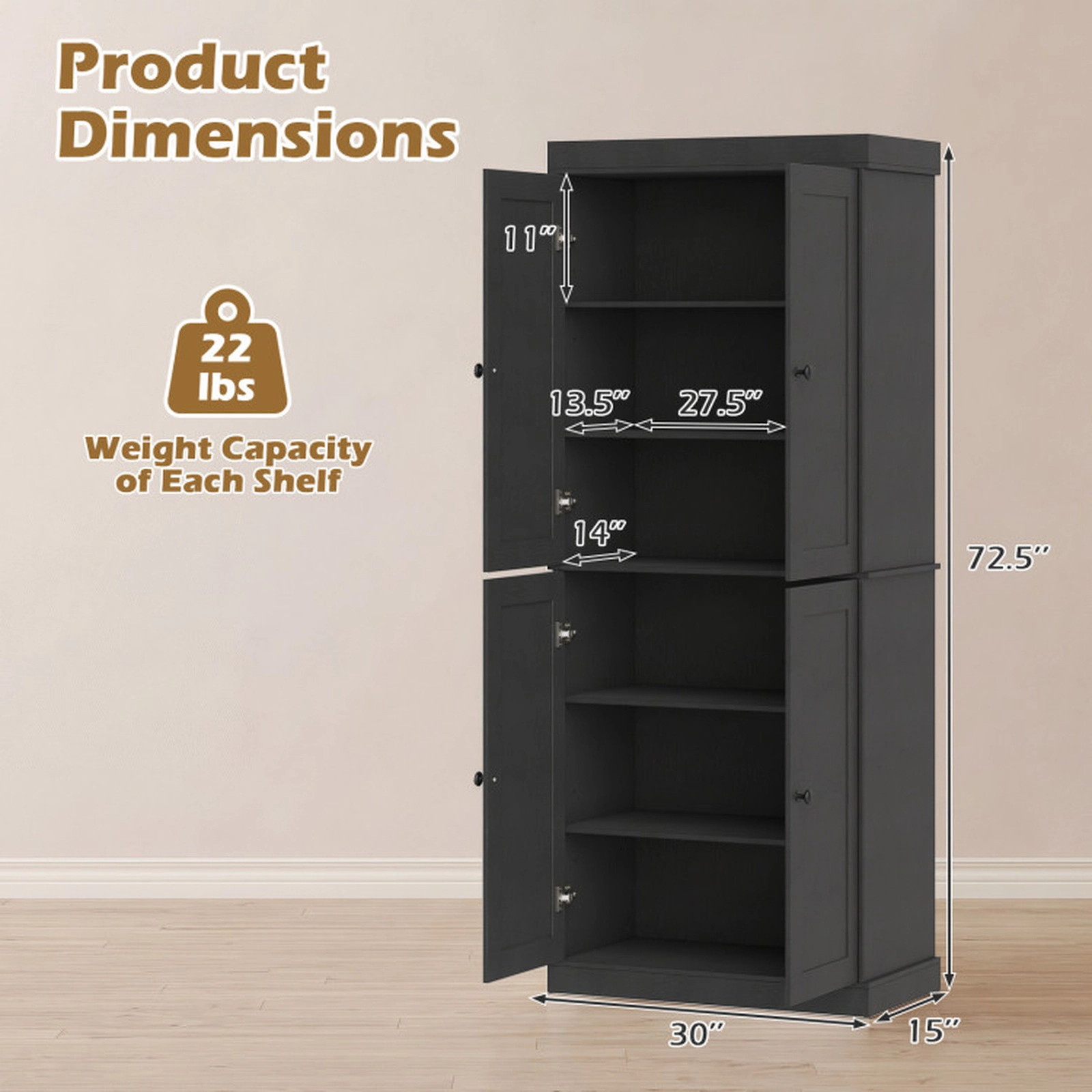 SUGIFT Four-Door Kitchen Pantry Cabinet with 2 Adjustable Shelves and Anti-Tipping Kits 22-lb Shelf Capacity Black