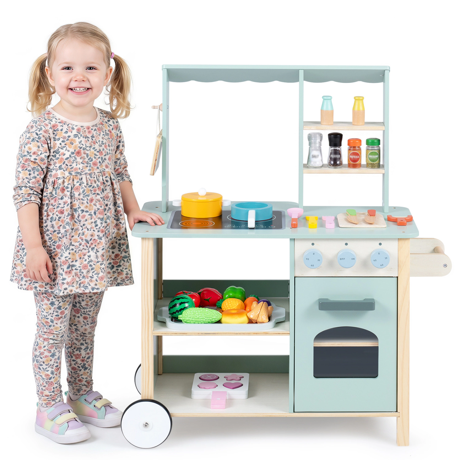 LJG Wooden Kitchen Playset with Cookware Accessories for Kids