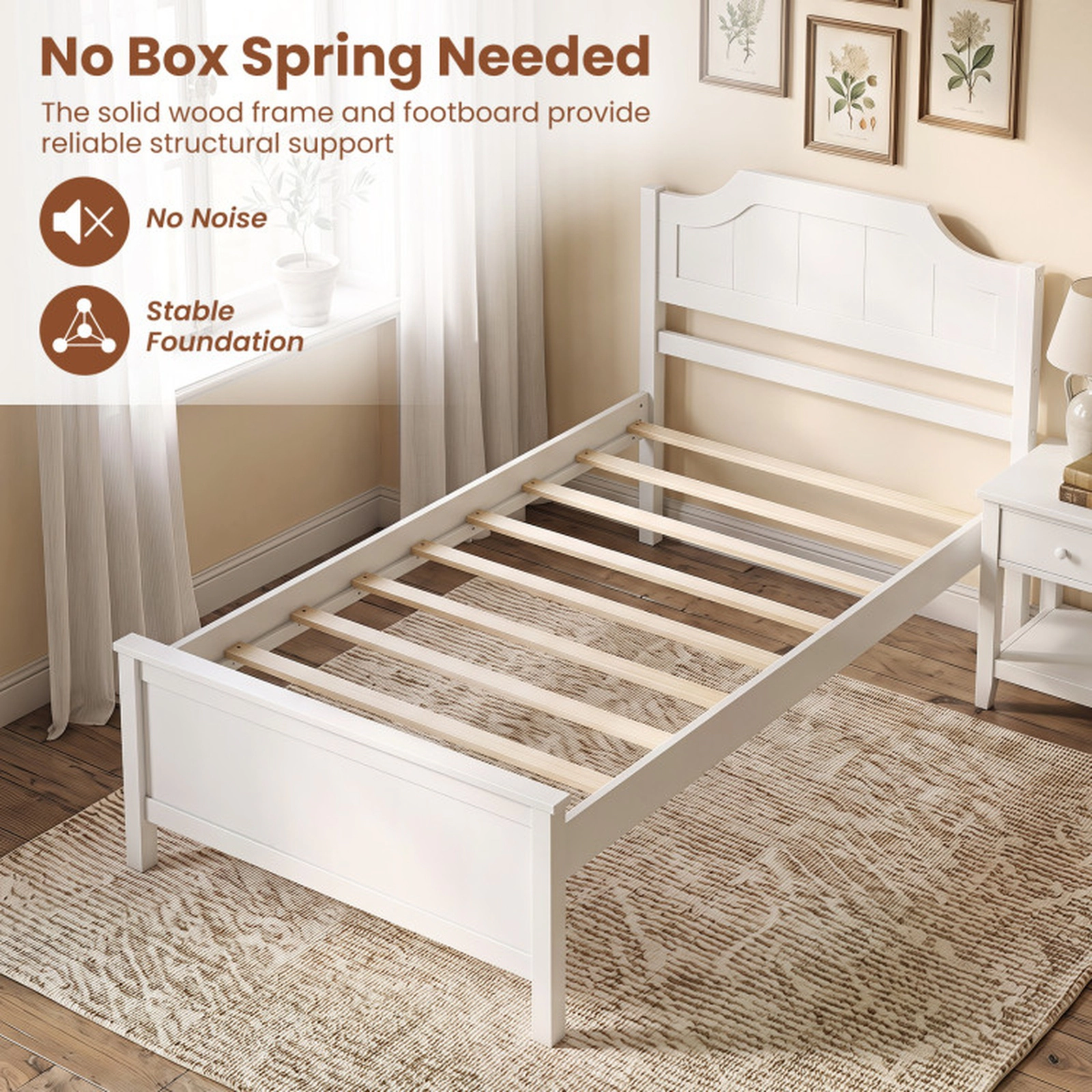 SUGIFT Twin Size Solid Pine Wood Panel Headboard Platform Bed Frame 79.5-in x 43-in x 39-in 350-lb Capacity White