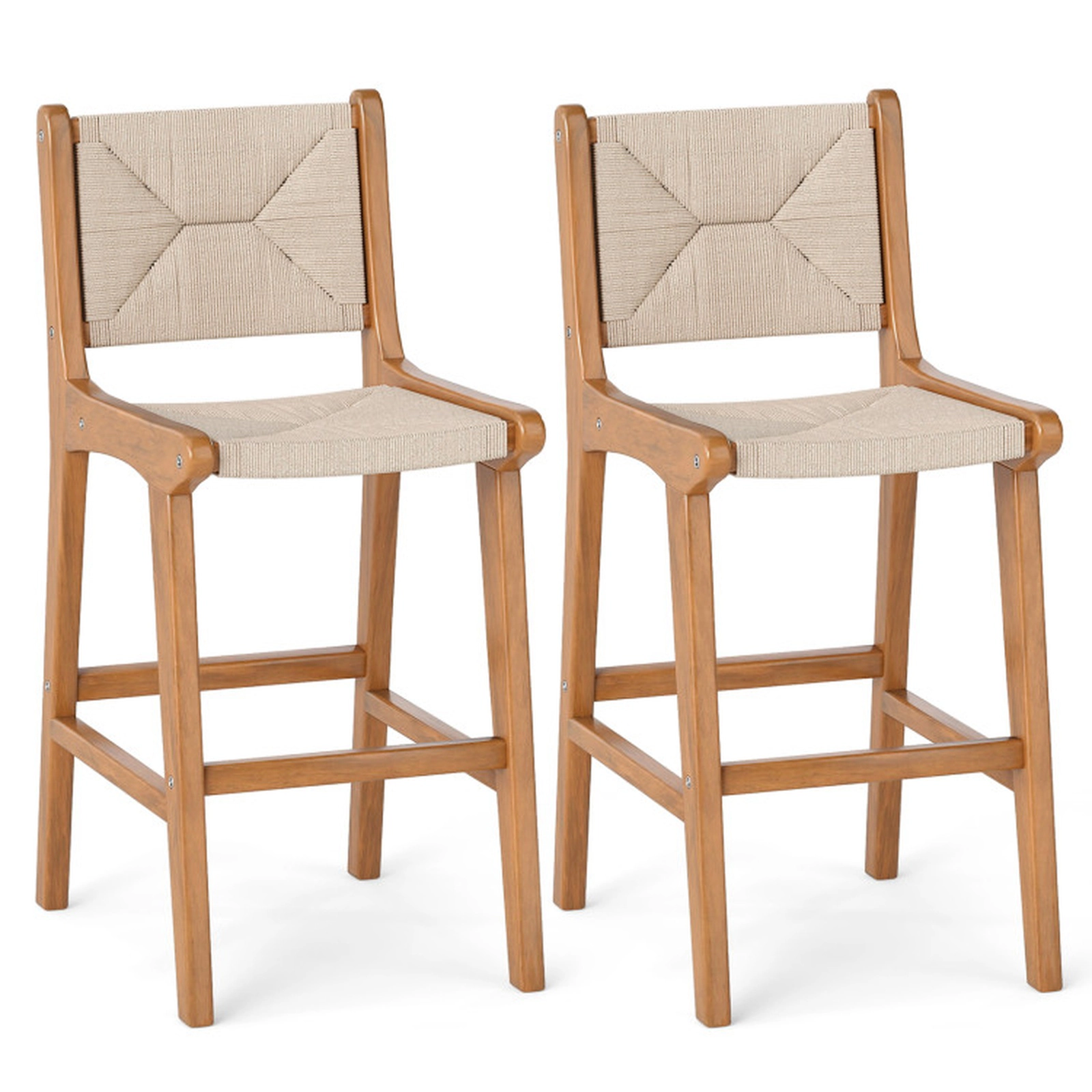 SUGIFT Natural Woven Paper Rope and Teak Frame Set of 2 Outdoor Counter Height Bar Stools