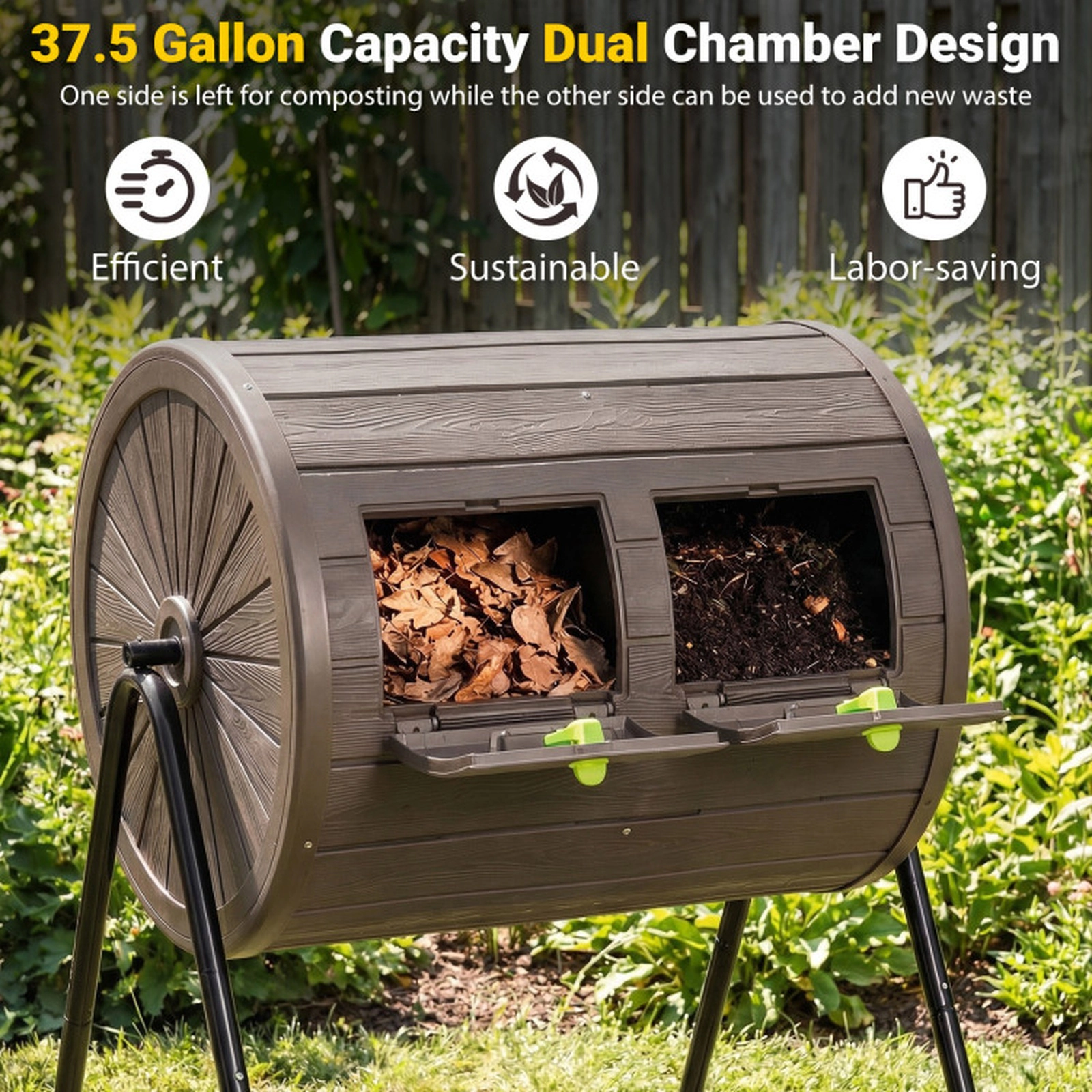 SUGIFT 37.5-gal Coffee Dual Chamber Outdoor Compost Bin Tumbler with 2 Lockable Doors and Wood Grain