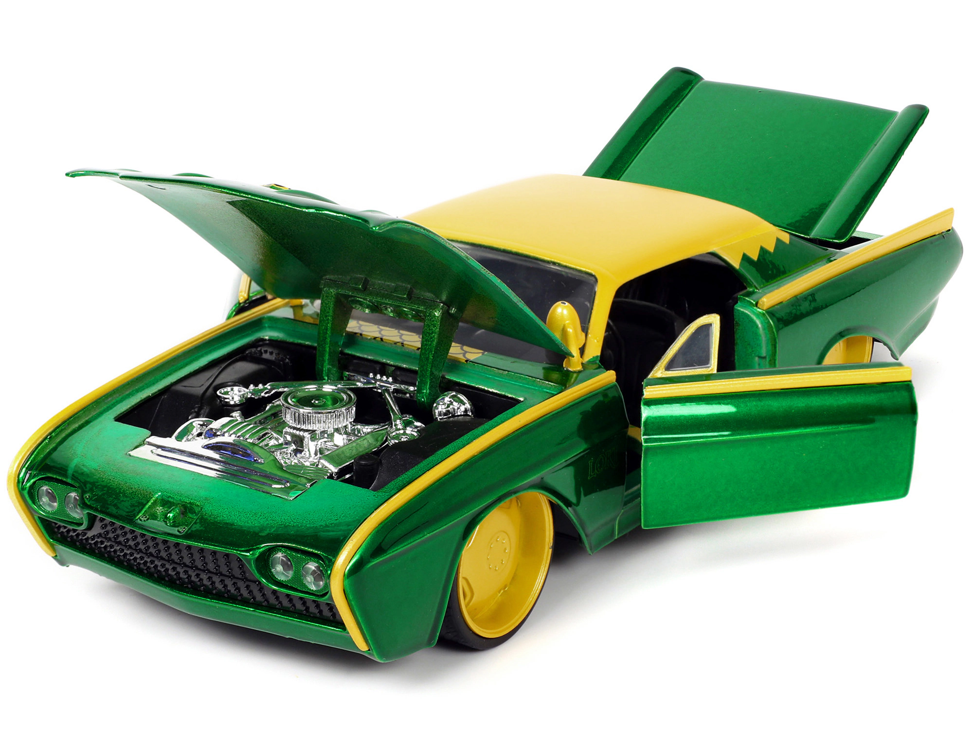 Jada 1963 Ford Thunderbird Green and Yellow Metallic with Hood Graphics and Loki Diecast Figure "Loki"