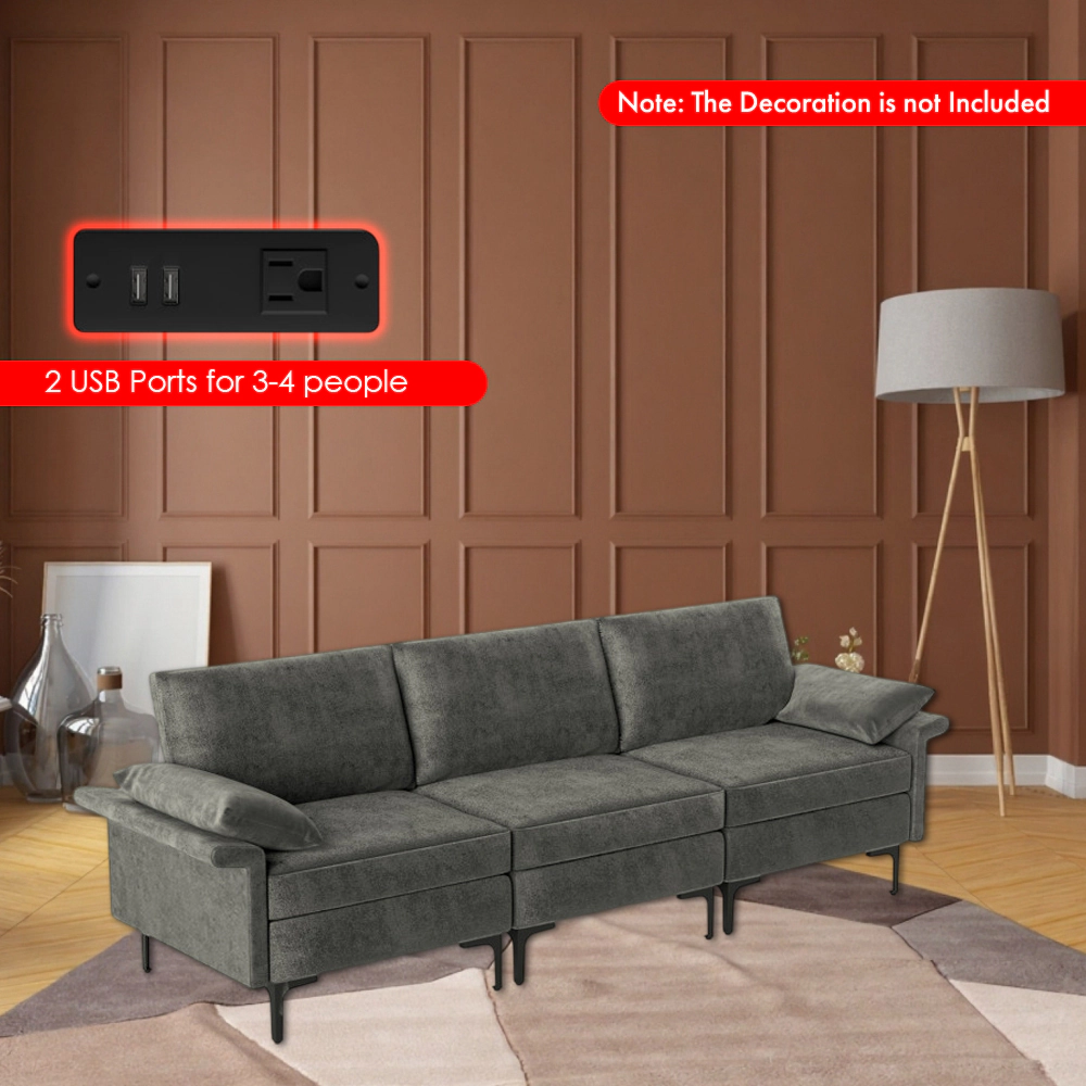 Hivvago Spacious 3-Seater Sectional Sofa with Metal Legs and Built-in Dual USB Ports