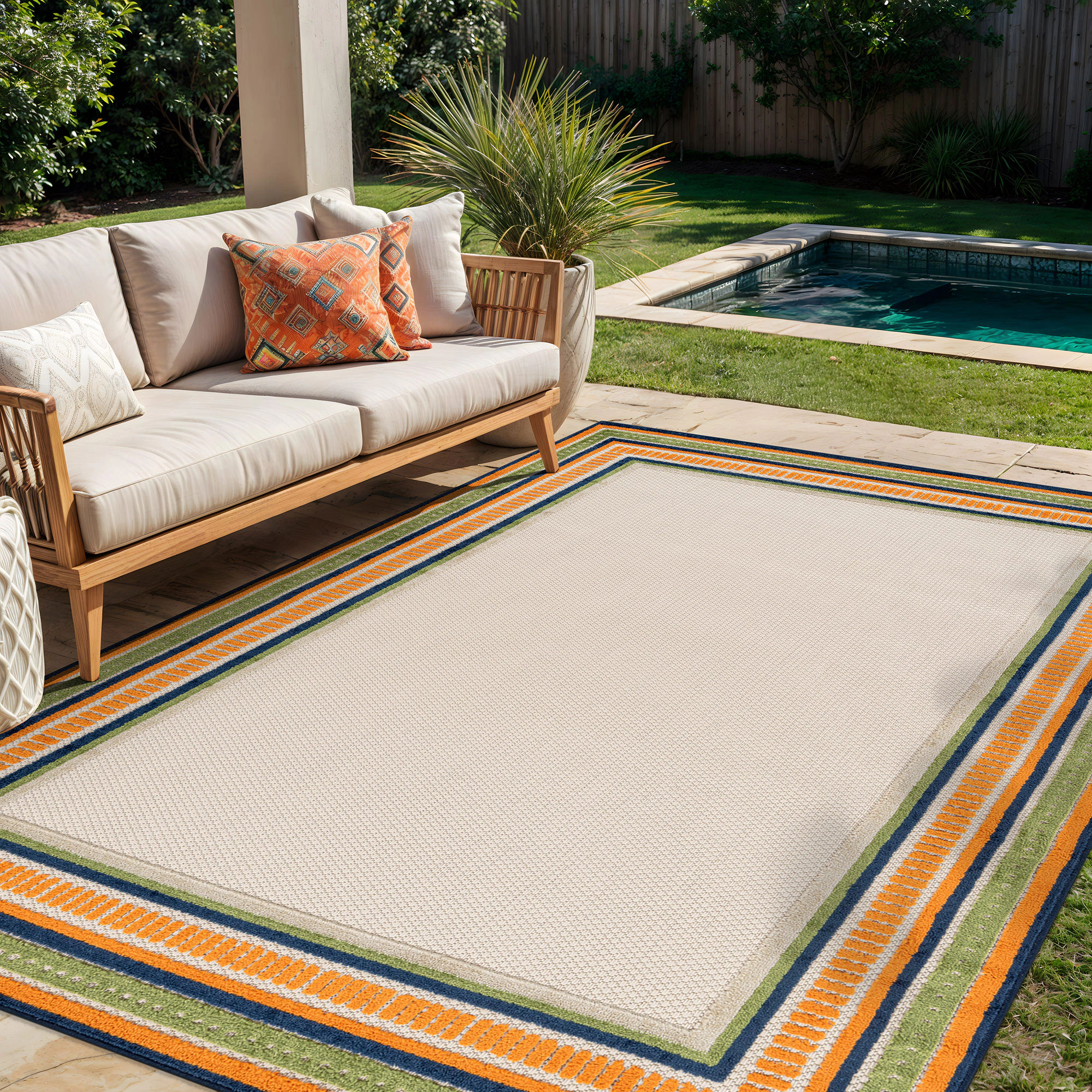 World Rug Gallery Indoor/Outdoor High-Low Textured Area Rug, Coastal Border Ivory/Multi, Easy-Clean Patio