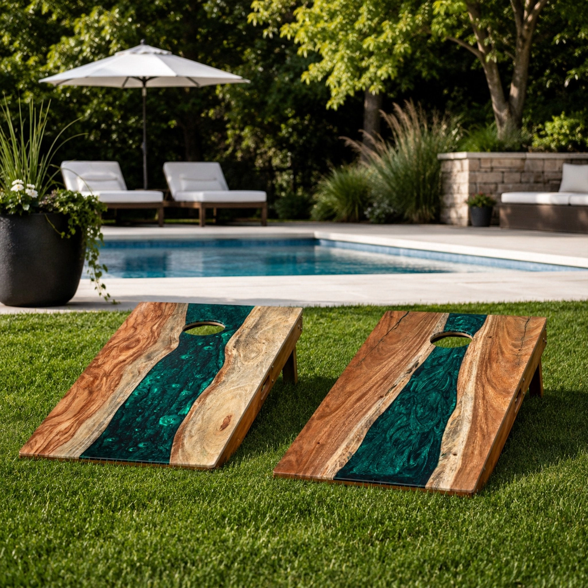 Elakai  The River Epoxy Resin With Live Edge Acacia Pathfinder Art Cornhole Boards