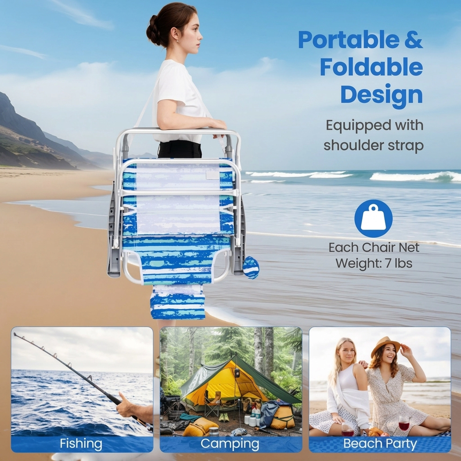 SUGIFT Set of 2 Blue Folding Beach Chairs with Lay-Flat Backrests