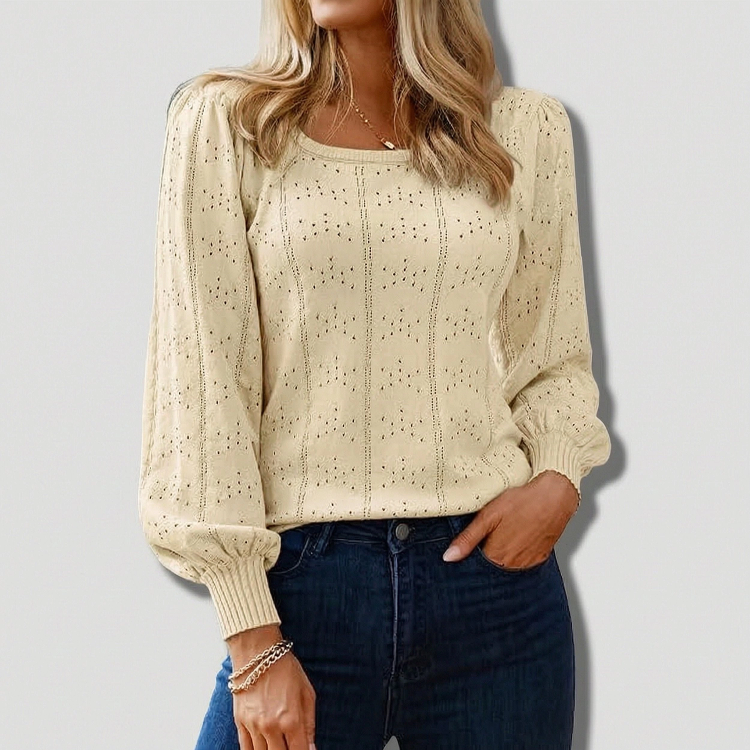 Zeagoo Women's Puff Sleeve Crochet Knit Pullover