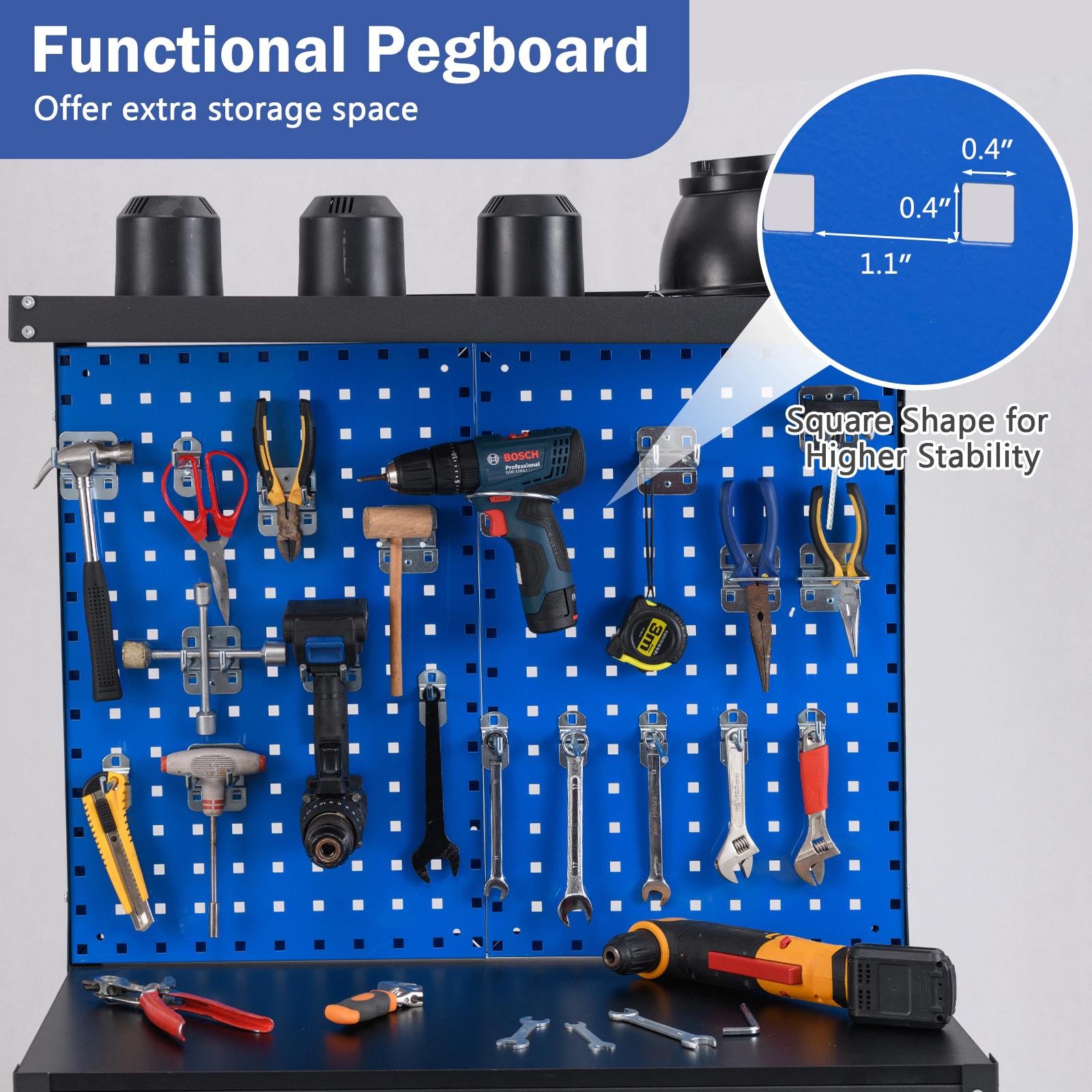 SUGIFT 2 Pegboards Drawer Shelves Workbench Tool Table 32-in x 16-in x 62-in 495-lb Capacity 220-lb Tabletop Navy