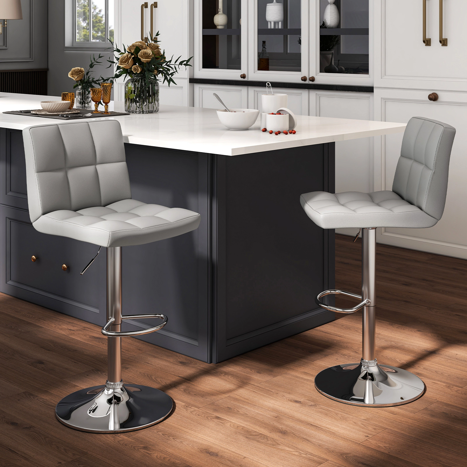 SUGIFT Square Swivel Adjustable Bar Stools with Back and Footrest 250-Lb Capacity 25.5-33.5 in Seat Height Gray