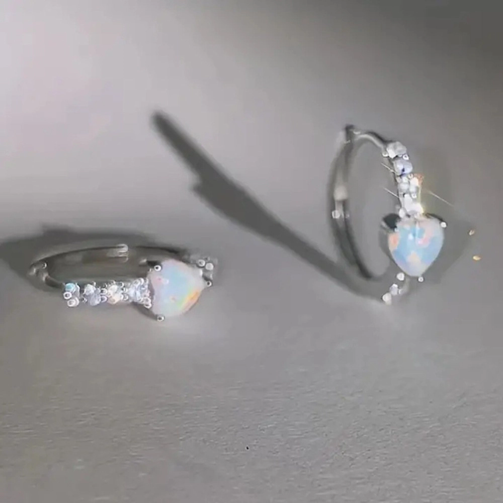 Cute Petite Heart Shaped Simulated Opal Inlay Zirconia Hoop Earring