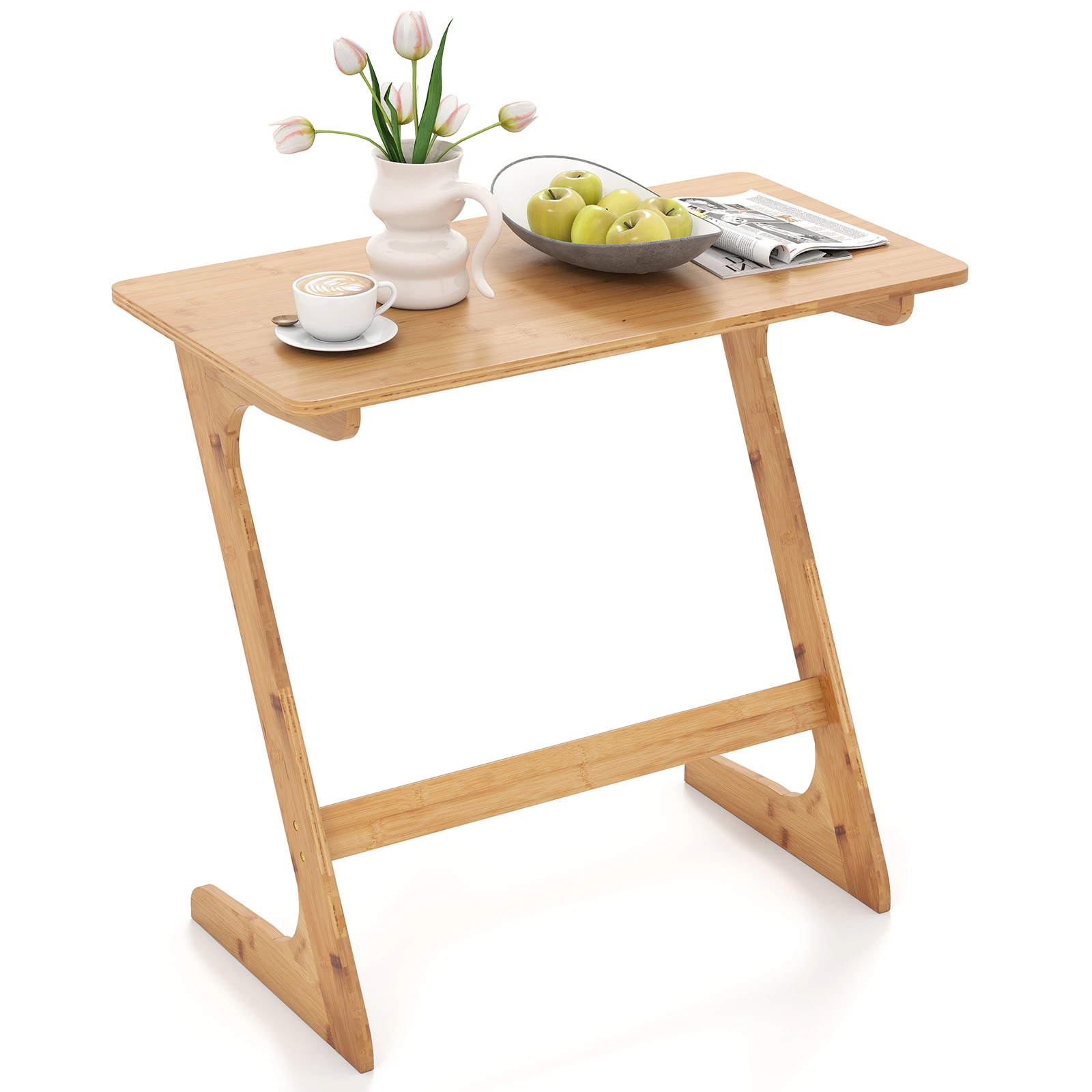 Glintex Z-Shaped Bamboo Sofa Side Table with 110-Lb Capacity and Metal Crossbar
