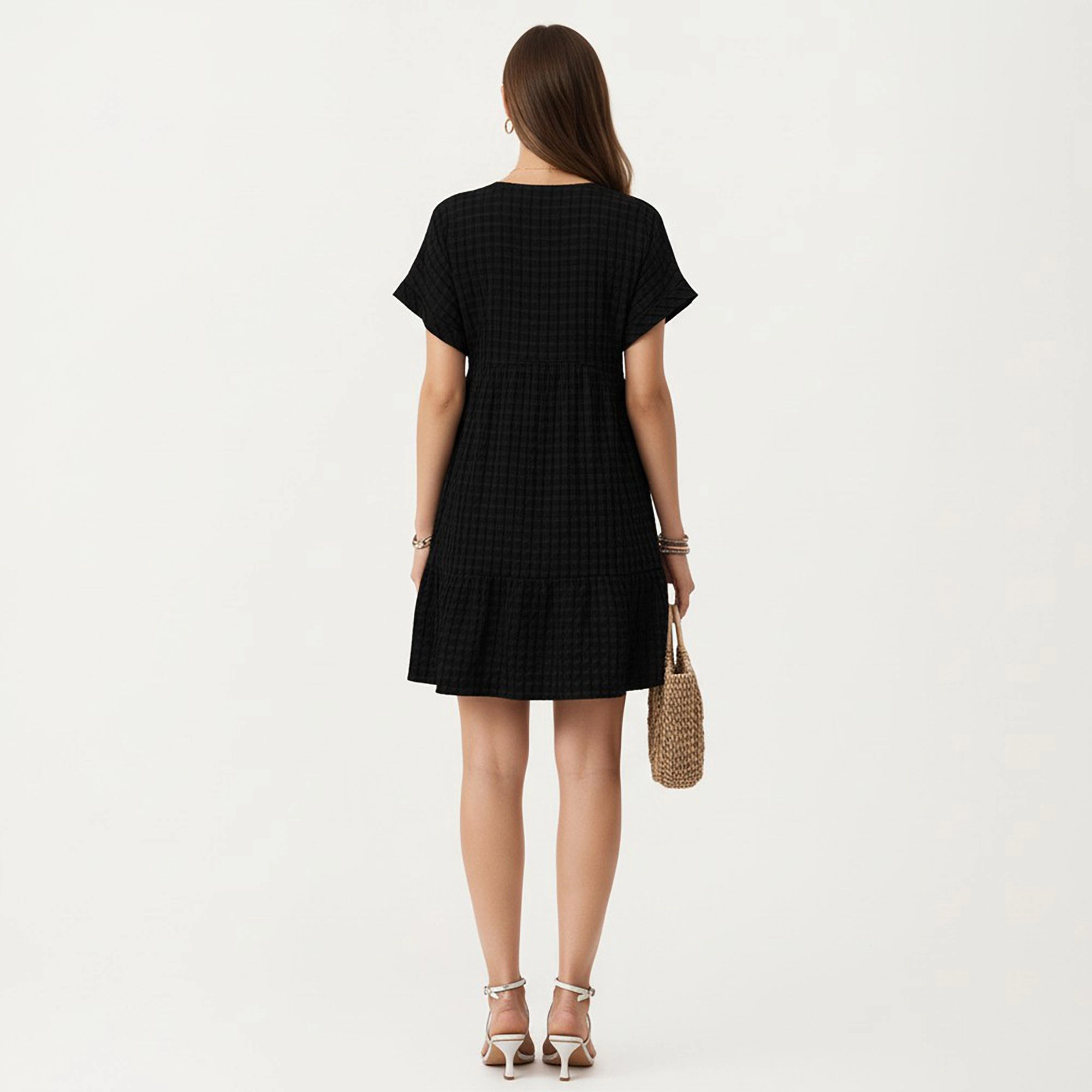 Anna-Kaci Womens Gingham V-Neck Tiered Mini Dress