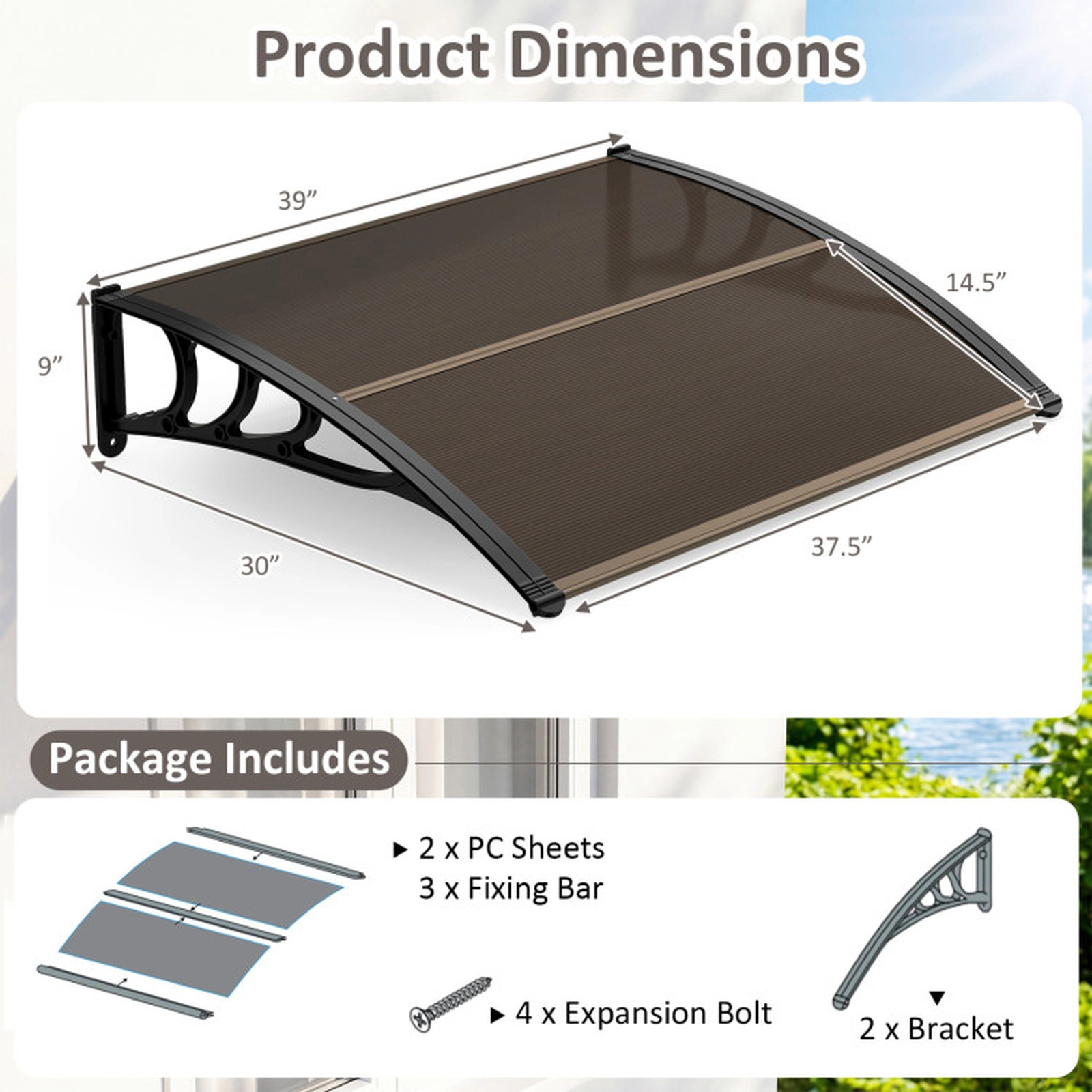 SUGIFT 39 x 30 in Outdoor Front Door Window Awning Door Canopy 44-lb Capacity Exterior Brown