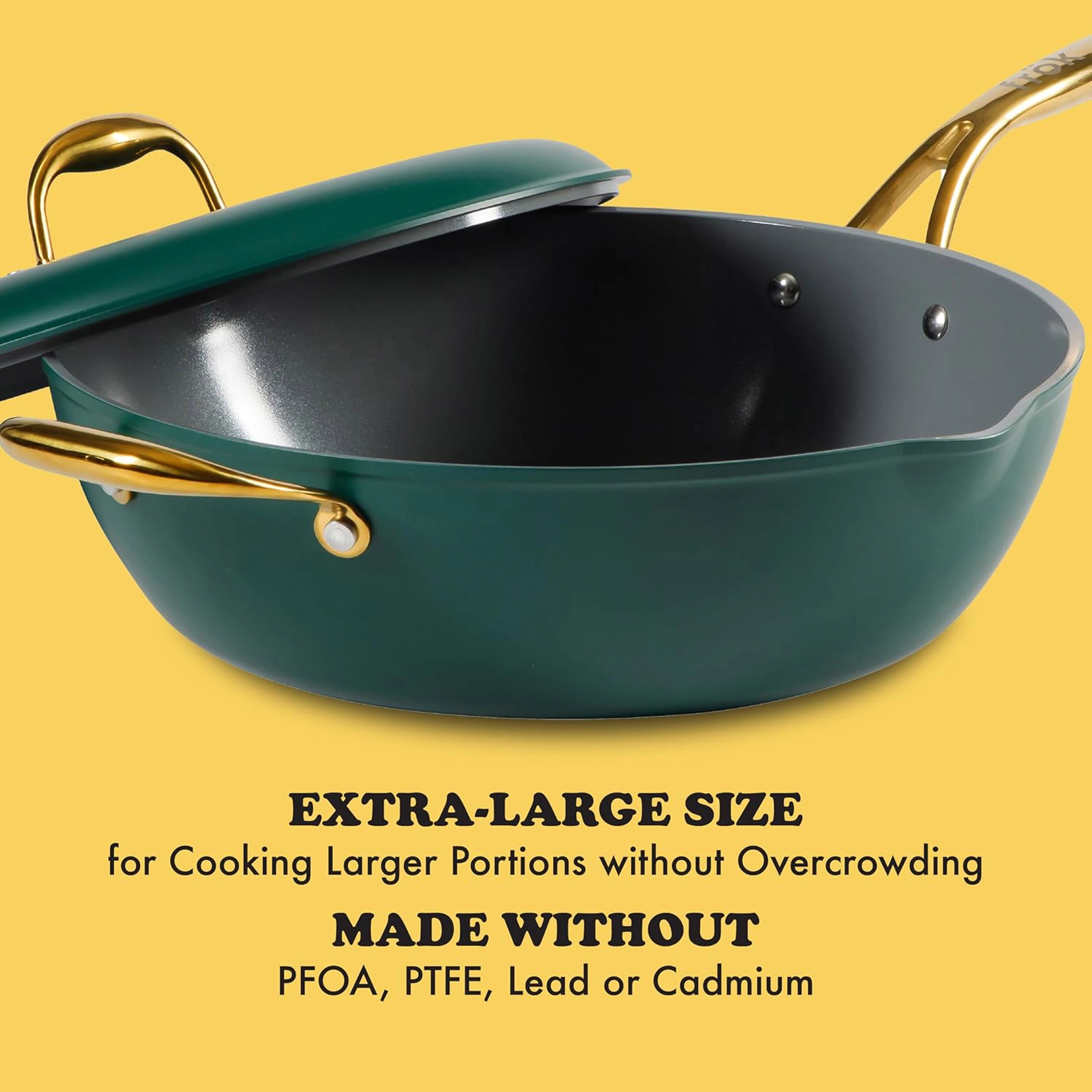 Frok 13 Inch Ceramic Nonstick Aluminum Tall Frying Pan with Lid in Green and Gold Handles