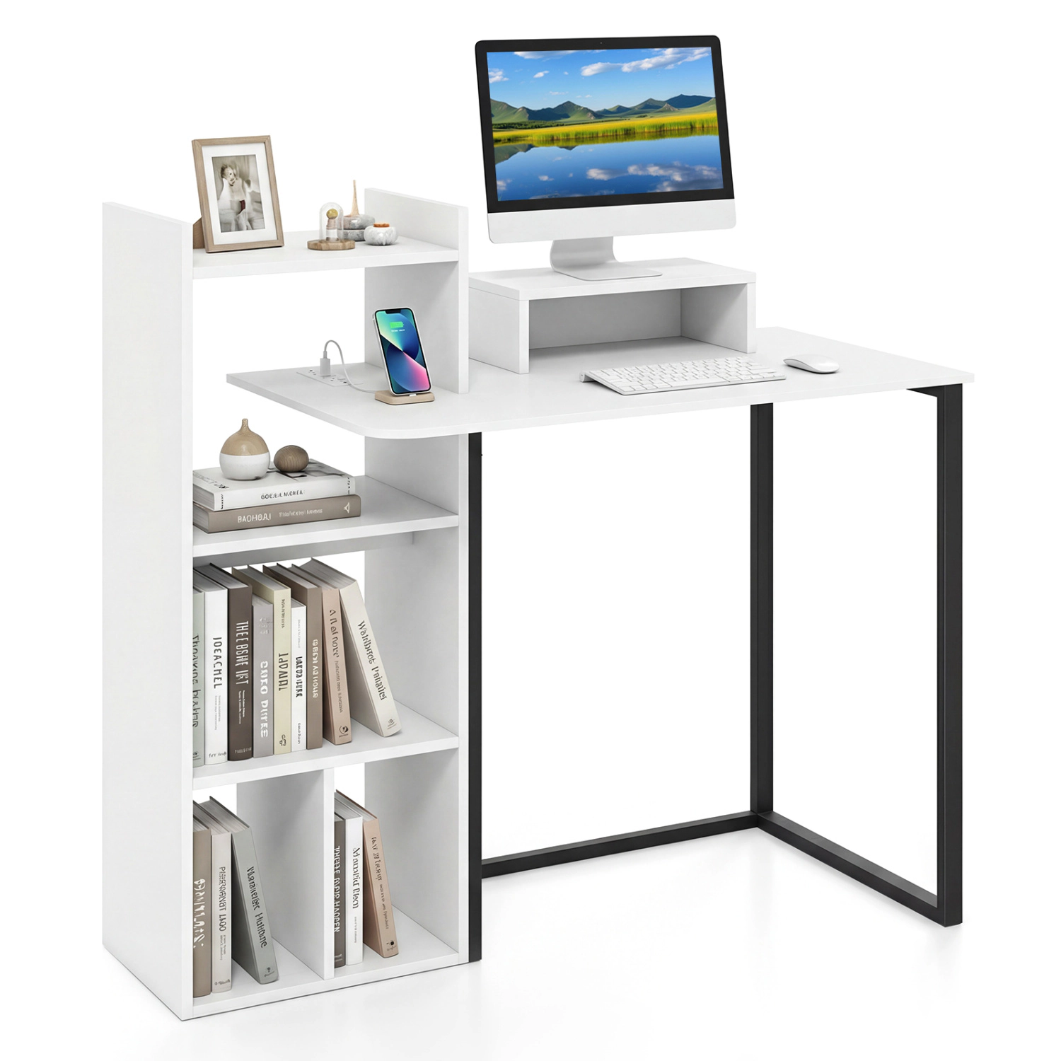 LJG 43.5" Computer Desk with Charging Station and Ergonomic Monitor Stand