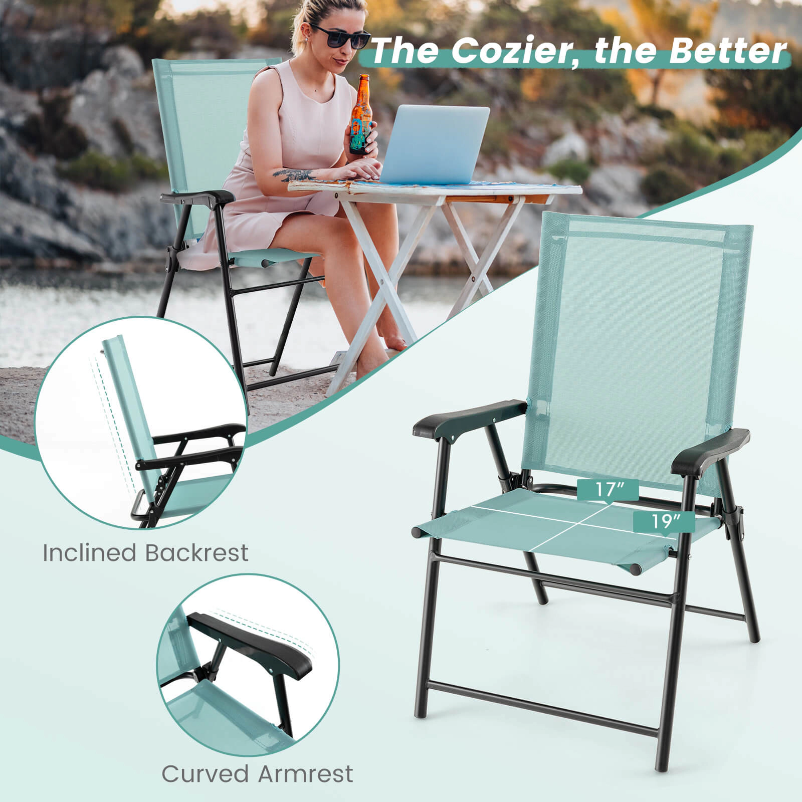 SUGIFT Set of 2 330-lb Capacity Light Green Folding Outdoor Dining Chairs with Armrests and Metal Frame
